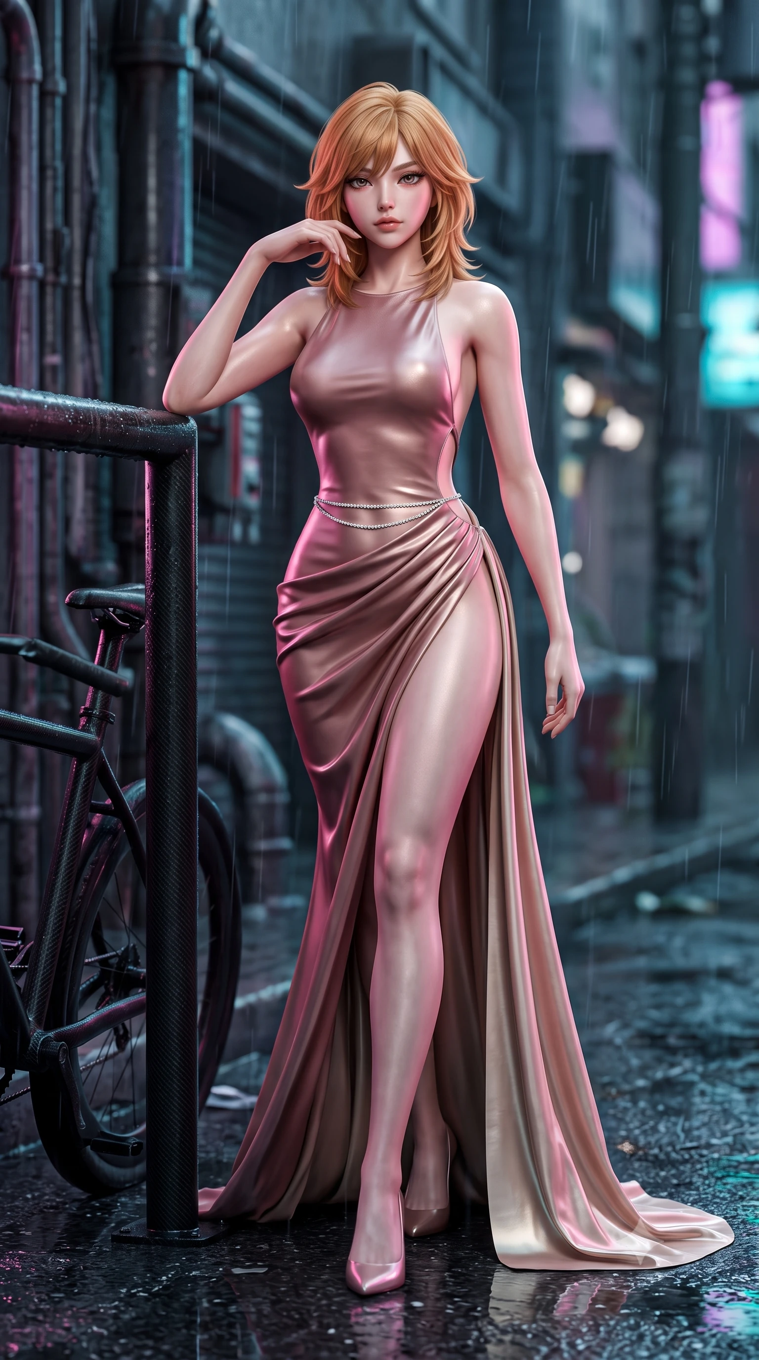 score_9, masterpiece, best quality, ultra-detailed, high-budget anime keyframe, semi-realistic 3D game render, editorial fashion photography, tasteful artistic composition, Korean woman. low angle full-body shot from head to toe showing her feet, filling the entire 9:16 vertical frame with her statuesque presence, stretching her vertical silhouette. striding forward in a proud supermodel runway stride, hips swaying in an alluring kinetic rhythm that accentuates her curvy hourglass silhouette while reclining casually against a rain-drenched carbon fiber bike stand propped on one elbow, her slender waist and curved hips sculpted by neon chiaroscuro. The composition keeps background elements in soft focus with creamy bokeh. cybernetic utility pipes and wet asphalt puddles softened in moody cyberpunk shallow focus. She has an exceptionally tall and slender model-like 8.5-heads proportion, an ultra-slim waist, a flat toned midriff, narrow delicate ribcage, and beautifully sculpted feminine hips creating a graceful, slim hourglass silhouette without any bulky heaviness, with impossibly long slender legs. sharp v-shaped jawline, high-bridge nose, intricate jewel-like eyes with depth, thick eyelashes, glossy parted lips with a natural sheen, intensely captivating and seductive bedroom-eyes expression, flawlessly proportioned anatomical accuracy, strict slender model proportions, natural body alignment, perfectly sculpted long slender limbs, ultra-slim waistline, clean dynamic posture without body distortion. wearing an open-back duchess satin gala gown with a dramatic hip-hugging drape and cascading trailing hem in dusky blush rose and champagne shimmer, formed from supple second-skin lambskin leather with specular sheen, accented with a dainty diamond waist chain catching the ambient light reflections, the precision-cut side openings and low-back scoop framing her graceful spine and the sensual sweep of her slim, toned hips. illuminated by shimmering wet ground specular reflections accentuating her sculpted midriff, narrow waist, and curvy hips. highly saturated vibrant anime colors, detailed shading with soft gradients, rich glossy textures, high-contrast stereoscopic depth, volumetric dynamic lighting, master piece, 9:16 ratio