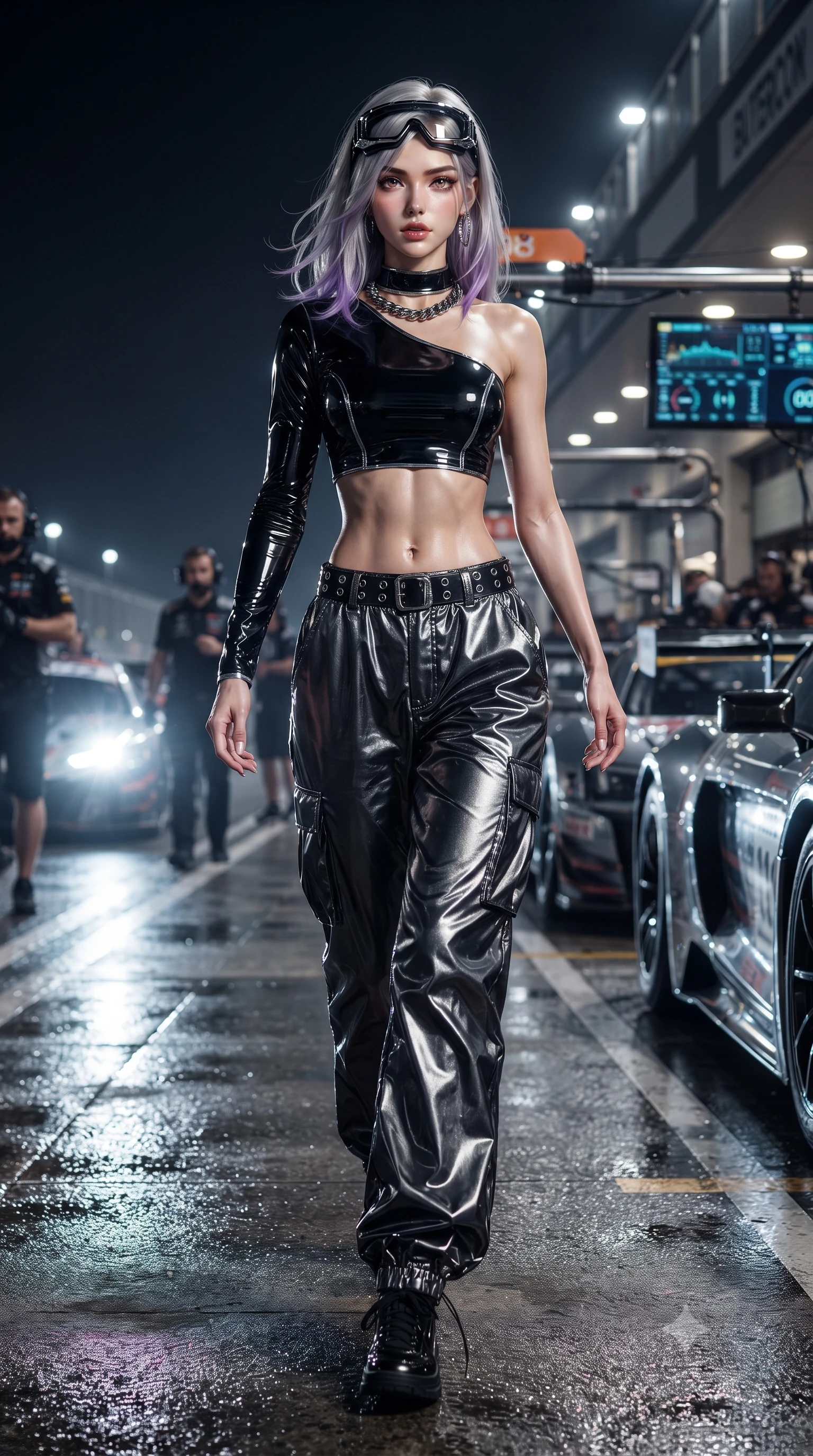 score_9, masterpiece, best quality, ultra-detailed, high-budget anime keyframe, editorial fashion photography, tasteful artistic composition, Caucasian woman. low angle full-body shot from head to toe showing her feet, filling the entire 9:16 vertical frame with her statuesque presence, stretching her vertical silhouette. pivoting dynamically with supreme athletic balance, her impossibly long slender legs and ultra-slim waist creating a mesmerizing vertical line while striding dynamically along the wet pitlane pavement as incoming headlights cast long, cinematic specular reflections. The surrounding environment is rendered in vivid detail and crisp panoramic clarity. detailed leather racing suit sponsor patches, zipper teeth, and glowing telemetry HUD screens in high resolution. She has an absolutely perfect, statuesque 8.5-heads proportion, an exceptionally tall and slender model-like female figure with impossibly long slender legs, a toned flat midriff, and an ultra-slim waist. sharp v-shaped jawline, high-bridge nose, intricate jewel-like eyes with depth, thick eyelashes, glossy parted lips with a natural sheen, intensely captivating and seductive expression, flawlessly proportioned anatomical accuracy, strict slender model proportions, natural body alignment, perfectly sculpted long slender limbs, ultra-slim waistline, clean dynamic posture without body distortion. wearing an asymmetric single-sleeve moto crop top paired with baggy metallic parachute trousers and grommet belt in pitch-black vinyl and specular chrome trim, tailored from high-gloss patent vinyl with sharp specular chiaroscuro, accessorized with a chunky chrome chain necklace and cyber-visor goggles on her brow, the athletic second-skin cut highlighting her toned flat midriff and slender model proportions during dynamic action. surrounded by a fierce, electrifying, and irresistibly intoxicating motorsport queen aura. ultra-reflective glossy finish, specular highlights, rich textural contrasts, high-contrast stereoscopic depth, volumetric dynamic lighting, 2k, ultra detail, master piece, 9:16 ratio