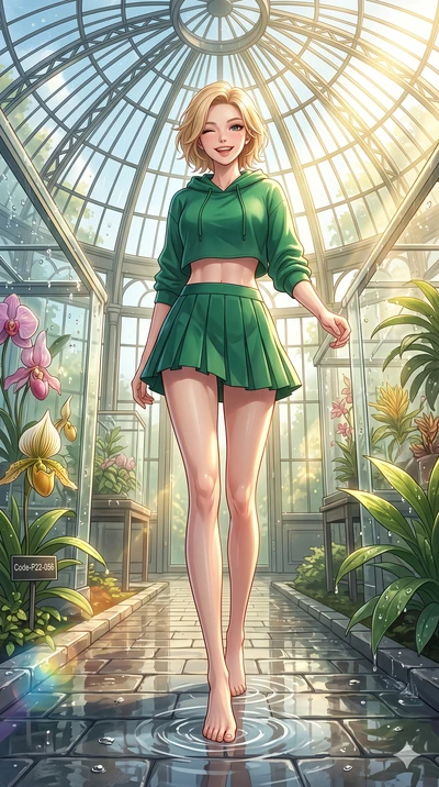 score_9, masterpiece, best quality, ultra-detailed, high-budget anime keyframe, vibrant anime aesthetic, Caucasian woman, strictly human ears. low angle full-body shot from head to toe showing her feet, filling the entire 9:16 vertical frame with her