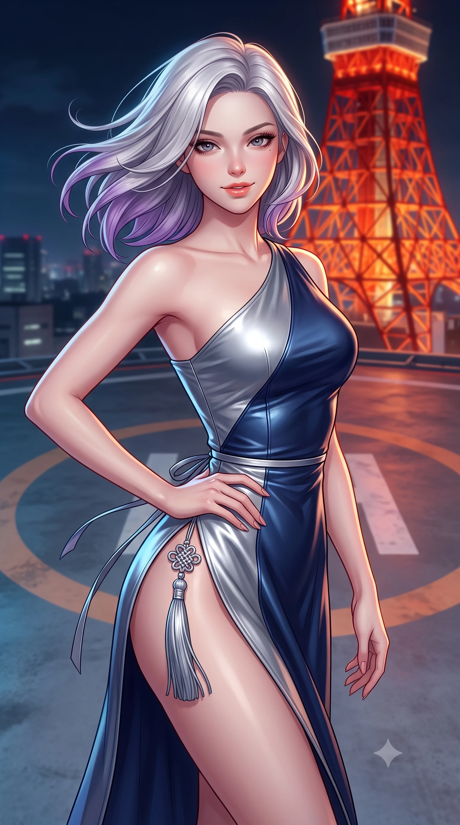 score_9, masterpiece, best quality, ultra-detailed, high-budget anime keyframe, semi-realistic 3D game render, editorial fashion photography, tasteful artistic composition, Caucasian woman. close-up cowboy shot from the waist and thighs up, the character dominates the composition, filling the frame with her large presence. turning slowly with an enchanting smoldering smile, her glossy hair tossing in the breeze as her hips angle gracefully in a captivating contrapposto while standing tall on the giant painted rooftop helipad with hips cocked back, arching her spine with effortless supermodel poise against the red tower. The background shows a soft-focus helicopter landing circle markings softened in breezy metropolitan rooftop shallow focus. She has an exceptionally elegant, slender, and willowy female figure with an ultra-slim waist, flat toned midriff, narrow ribcage, and sculpted feminine hips creating an alluring, slim hourglass silhouette without bulk. sharp v-shaped jawline, high-bridge nose, sparkling eyes with hypnotic seductive depth, thick curled eyelashes, glossy parted lips with a natural dewy peach sheen, alluring bedroom-eyes with an enchanting coquettish smile, exuding magnetic siren charisma and sophisticated glamour, flawlessly proportioned anatomical accuracy, strict slender model proportions, natural body alignment, perfectly sculpted long slender limbs, ultra-slim waistline, clean dynamic posture without body distortion. wearing an asymmetric one-shoulder modern hanbok tunic with dramatic side hip slit and delicate waist ribbons in metallic liquid silver and deep sapphire navy, woven from buttery-soft stretch lambskin leather adhering to her body like a second skin, accented with an intricate silver norigae tassel swaying gracefully along her curving hip line, the high-slit wrap tailoring accentuating her ultra-slim waistline and the enchanting curve of her feminine hips with alluring seductive charm. bathed in the warm orange radiance of Tokyo Tower mixed with cool metropolitan night ambient fill. highly saturated vibrant anime colors, detailed shading with soft gradients, rich glossy textures, high-contrast stereoscopic depth, volumetric dynamic lighting, master piece, 9:16 ratio