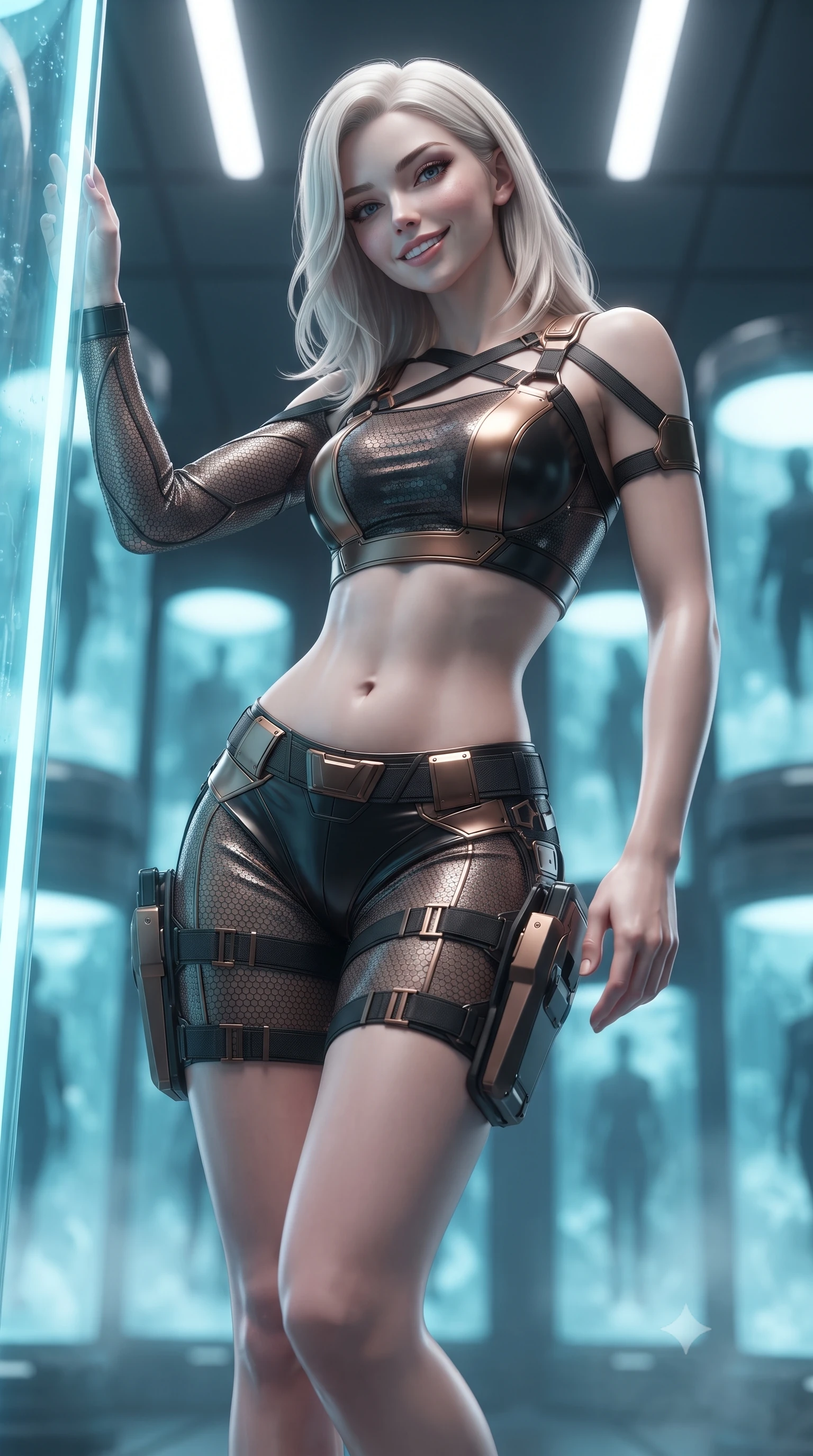 score_9, masterpiece, best quality, ultra-detailed, high-budget anime keyframe, editorial fashion photography, tasteful artistic composition, Caucasian woman. low angle full-body shot from head to toe showing her feet, filling the entire 9:16 vertical frame with her statuesque presence, stretching her vertical silhouette. leaning deep against the glowing energy conduit with hips cocked back in an unapologetically alluring high-fashion stance, flashing a warm beaming smile while leaning against a frosted glass stasis pod with hips cocked back, casting an intoxicating, mysterious bedroom-gaze through sub-zero vapor. The background shows a soft-focus cylindrical vertical cryo-pods with suspended silhouettes and drifting ice vapors blurred into glacial cyan, cobalt, and frosty pearl bokeh. She has an absolutely perfect, statuesque 8.5-heads proportion, an exceptionally tall and slender model-like female figure with impossibly long slender legs, an ultra-slim waist, a flat toned midriff, narrow delicate ribcage, and beautifully sculpted feminine hips creating a graceful, slim hourglass silhouette without any bulky heaviness. sharp v-shaped jawline, high-bridge nose, intricate jewel-like sparkling eyes with depth, thick eyelashes, glossy parted lips with a natural sheen, bright confident smile with an enchanting and coquettish sensual glint, exuding both youthful magnetic charm and sovereign high-tech allure, flawlessly proportioned anatomical accuracy, strict slender model proportions, natural body alignment, perfectly sculpted long slender limbs, ultra-slim waistline, clean dynamic posture without body distortion. wearing a high-tech mechanic crop top with asymmetric shoulder straps paired with ultra-fitted tactical hot-pants and thigh holsters in burnished bronze alloy and smoked glass black, woven from delicate semi-opaque high-tensile nano-mesh with intricate hexagonal micro-patterns, finished with criss-cross Kevlar tactical straps tracing her graceful shoulder blades, the form-contouring cut accentuating her sculpted flat midriff, narrow delicate ribcage, and gracefully curvy hips with cybernetic supermodel precision. illuminated by overhead cold-white strip lights and sharp crystalline silver rim lights carving her slim waist, hips, and jawline. ultra-reflective glossy finish, specular highlights, rich textural contrasts, high-contrast stereoscopic depth, volumetric dynamic lighting, 2k, ultra detail, master piece, 9:16 ratio
