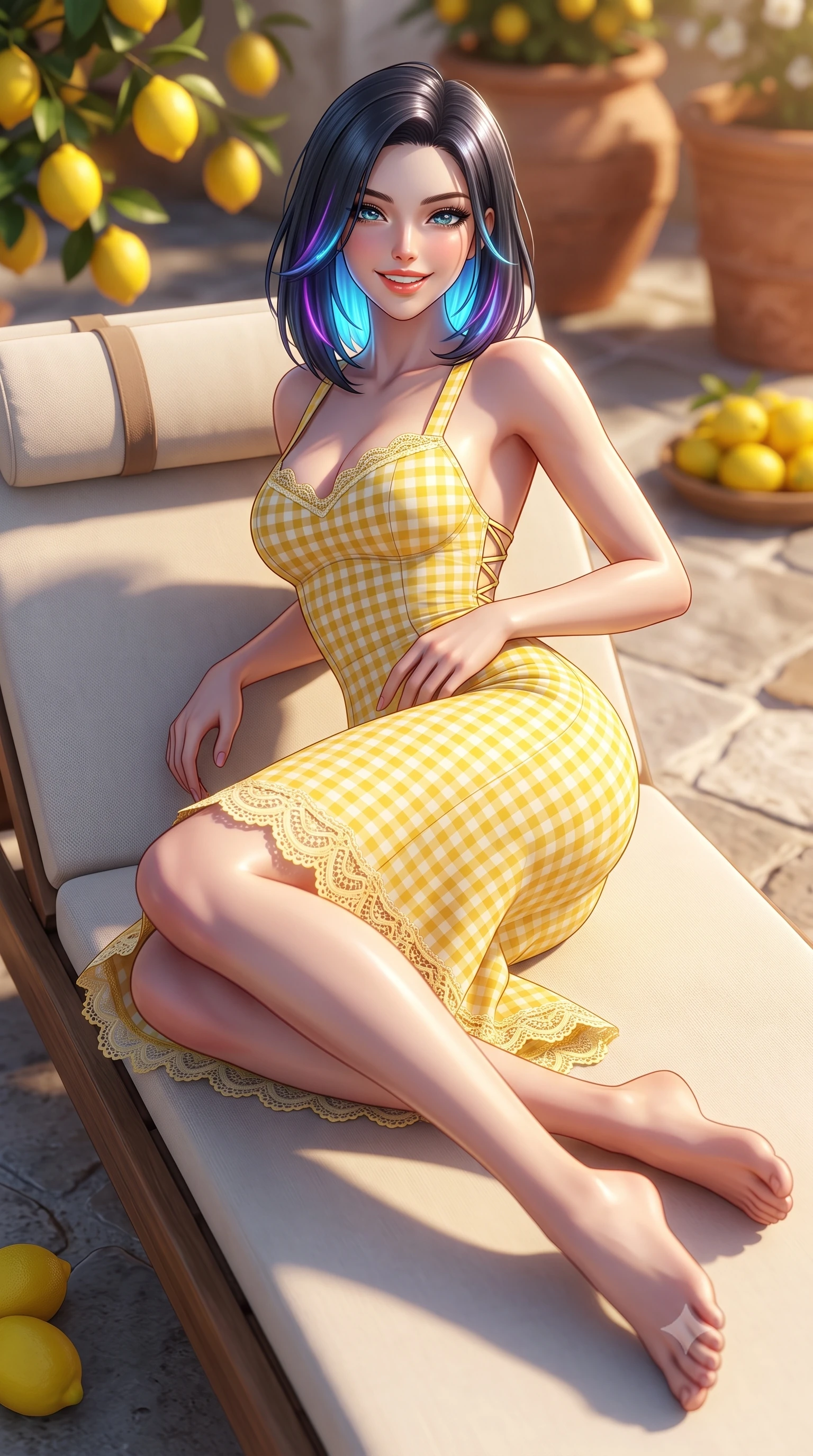 score_9, masterpiece, best quality, ultra-detailed, high-budget anime keyframe, semi-realistic 3D game render, editorial fashion photography, tasteful artistic composition, Caucasian woman. low angle full-body shot from head to toe showing her feet, filling the entire 9:16 vertical frame with her statuesque presence, stretching her vertical silhouette. reclining languidly on her side across the sunbed with one knee drawn up, her radiant smile and arched hip curve commanding the 9:16 vertical frame with youthful sensual charisma while standing poised on the sunlit stone terrace, twisting her slender torso in an alluring S-curve in the warm Amalfi evening breeze. The composition keeps background elements in soft focus with dreamy creamy bokeh. fragrant yellow lemons and terracotta planters softened in glamorous Italian shallow focus. She has an exceptionally tall and slender model-like 8.5-heads proportion, an ultra-slim waist, a flat toned midriff, narrow delicate ribcage, and beautifully sculpted feminine hips creating a graceful, slim hourglass silhouette without any bulky heaviness, with impossibly long slender legs. sharp v-shaped jawline, high-bridge nose, intricate jewel-like sparkling eyes with depth, thick eyelashes, glossy parted lips with a natural peach sheen, bright cheerful beaming smile with an enchanting and coquettish sensual glint, exuding both youthful cute charm and seductive allure, flawlessly proportioned anatomical accuracy, strict slender model proportions, natural body alignment, perfectly sculpted long slender limbs, ultra-slim waistline, clean dynamic posture without body distortion. wearing a backless lace-up gingham sundress with a form-fitting bodice and hip-defining silhouette in bright butter yellow and fresh cream white, tailored from crisp cotton poplin with clean structural lines, finished with delicate lace scallop edging along the neckline, the form-contouring cut accentuating her sculpted flat midriff, narrow delicate ribcage, and gracefully curvy hips with supermodel precision. illuminated by intense pool water specular reflections sharply defining her razor-sharp jawline, narrow waist, and curvy hips. highly saturated vibrant anime colors, detailed shading with soft gradients, rich glossy textures, high-contrast stereoscopic depth, volumetric dynamic lighting, master piece, 9:16 ratio