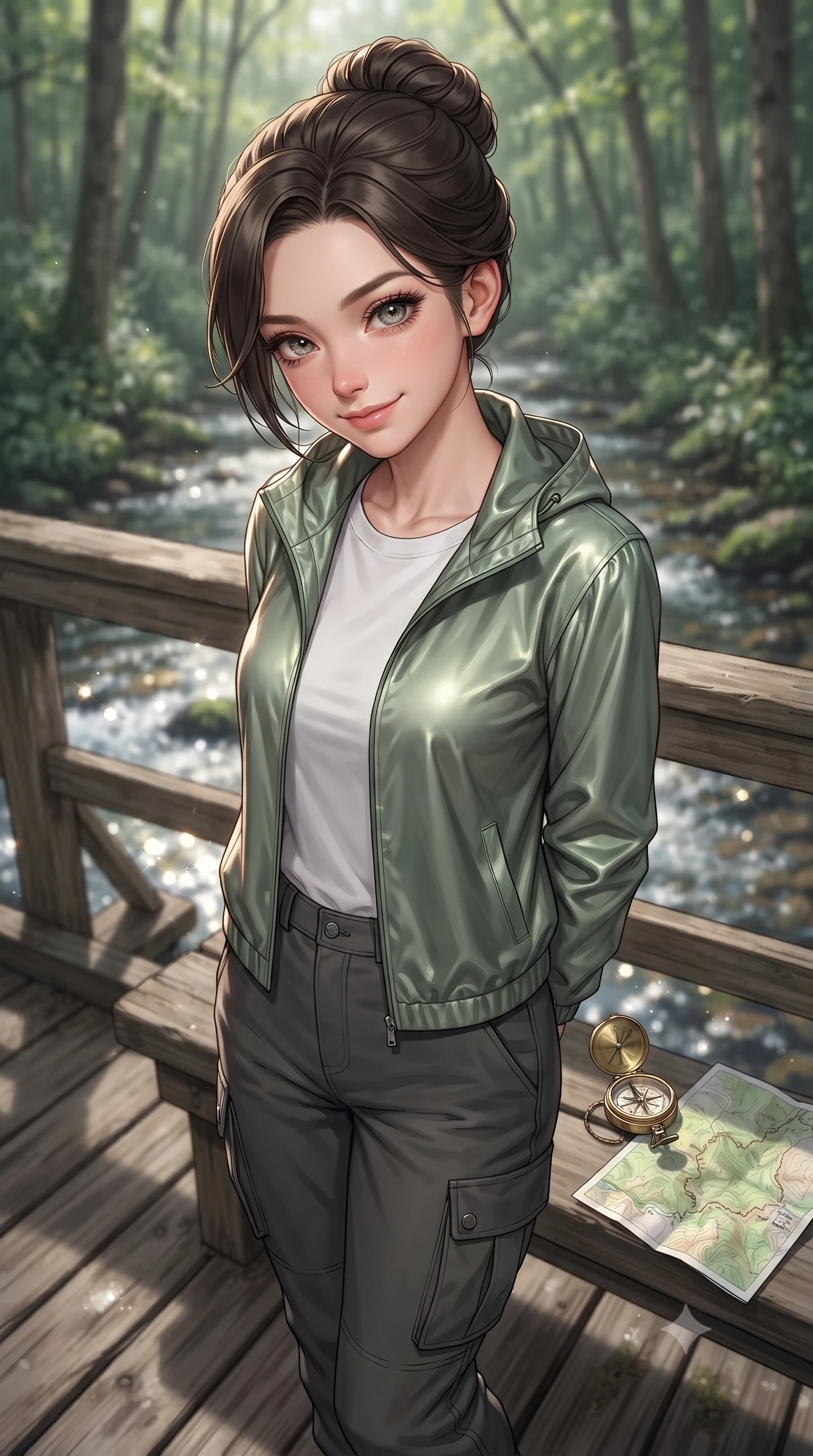 score_9, masterpiece, best quality, ultra-detailed, high-budget anime keyframe, editorial fashion photography, tasteful artistic composition, Japanese woman. close-up cowboy shot from the waist and thighs up, the character dominates the composition, filling the frame with her large presence, background elements kept in soft focus. tilting her chin down slightly, looking up at the viewer with a sweet, charming smile set against a soft-focus background of on a rustic wooden bridge crossing a shallow, bubbling valley stream with a small compass and a map of the forest trail on a nearby bench. She has an exceptionally elegant, slender, and willowy female figure with an ultra-slim waist, a gracefully sculpted slender torso, and a refined silhouette. sharp v-shaped jawline, high-bridge nose, intricate jewel-like eyes with depth, thick eyelashes, glossy lips with a natural sheen. wearing tailored casual athletic windbreaker in sage green, paired with a simple tee and cargo pants. bright morning sun rays creating sparkling glints on the moving stream. ultra-reflective glossy finish, specular highlights, metallic sheen, high-contrast stereoscopic depth, volumetric dynamic lighting, 2k, ultra detail, master piece, 9:16 ratio