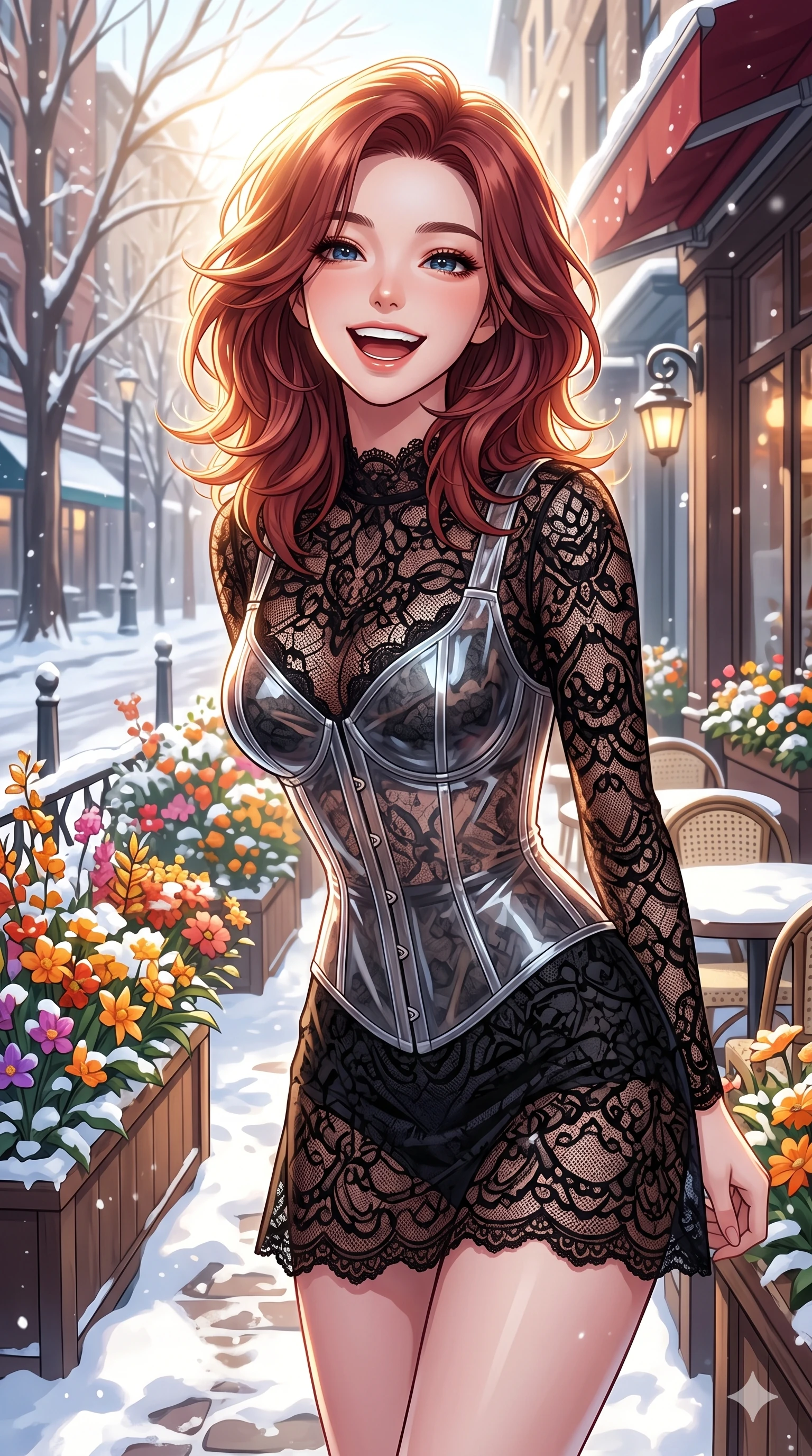 score_9, masterpiece, best quality, ultra-detailed, high-budget anime keyframe, vibrant anime aesthetic, Korean woman. cowboy shot from the thighs up, character and outfit filling the frame for maximum presence. She is leaning back with a cheerful winter laugh, looking directly into the camera lens in snow by a street cafe terrace filled with autumn flowers (Code-P21-169). She has an absolutely perfect 8-heads proportion, an exceptionally tall and slender female figure with impossibly long slender legs and an ultra-slim waist. V-shaped jawline, high-bridge nose, intricate jewel-like eyes with depth, thick eyelashes, glossy lips with a natural sheen. wearing a transparent PVC corset over a black lace dress in winter. She is drenched in brilliant midday winter sunbeams, casting a radiant halo around her hair. 2k, ultra detail, master piece, 9:16 ratio