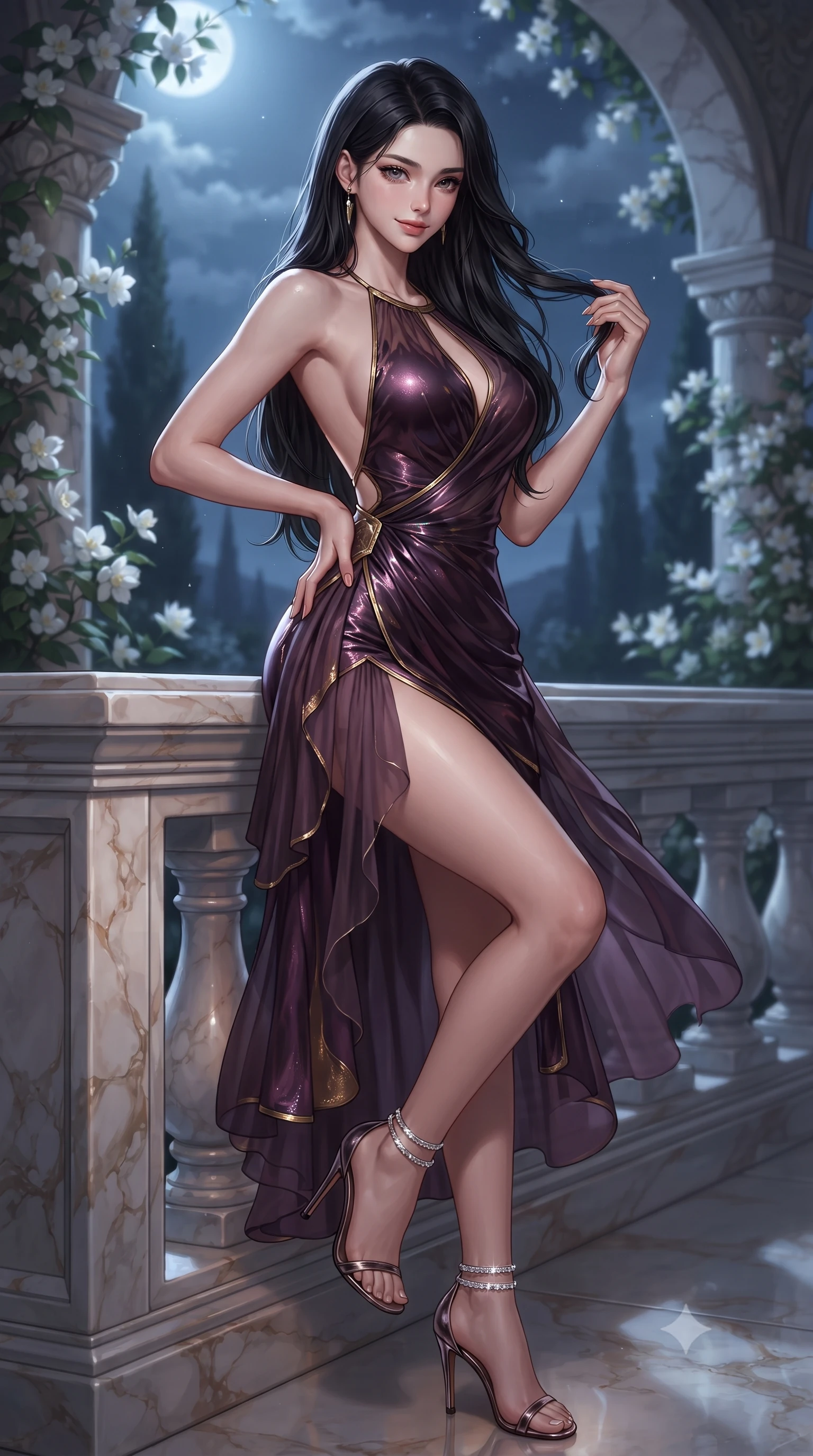 score_9, masterpiece, best quality, ultra-detailed, high-budget anime keyframe, editorial fashion photography, tasteful artistic composition, Korean woman. close-up cowboy shot from the waist and thighs up, the character dominates the composition, filling the frame with her large presence. twisting her slender torso in an alluring contrapposto stance, one hand resting on her sculpted hip while her fingers toy with her hair with effortless poise while leaning against the carved marble parapet with hips cocked back, looking out into the moonlit cypress valley with a seductive half-smile. The background shows a soft-focus trailing white jasmine flowers climbing the stone arches softened in romantic nocturnal Italian shallow focus. She has an exceptionally elegant, slender, and willowy female figure with an ultra-slim waist, flat toned midriff, narrow ribcage, and sculpted feminine hips creating an alluring, slim hourglass silhouette without bulk. sharp v-shaped jawline, high-bridge nose, sparkling eyes with hypnotic seductive depth, thick curled eyelashes, glossy parted lips with a natural dewy peach sheen, alluring bedroom-eyes with an enchanting coquettish smile, exuding magnetic siren charisma and sophisticated glamour, flawlessly proportioned anatomical accuracy, strict slender model proportions, natural body alignment, perfectly sculpted long slender limbs, ultra-slim waistline, clean dynamic posture without body distortion. wearing a slinky backless halterneck column mini dress in shimmering liquid vinyl clinging like a second skin in rich dark plum violet and gilded antique brass, made of sheer gossamer chiffon that drapes softly against skin with airy translucence, complemented by strappy stiletto sandals with crystal ankle wraps accentuating her slender calves, the high-slit wrap tailoring accentuating her ultra-slim waistline and the enchanting curve of her feminine hips with alluring seductive charm. illuminated by polished marble floor reflections and sharp platinum-gold rim lights defining her razor-sharp jawline, narrow waist, and curvy hips. ultra-reflective glossy finish, specular highlights, rich textural contrasts, high-contrast stereoscopic depth, volumetric dynamic lighting, 2k, ultra detail, master piece, 9:16 ratio