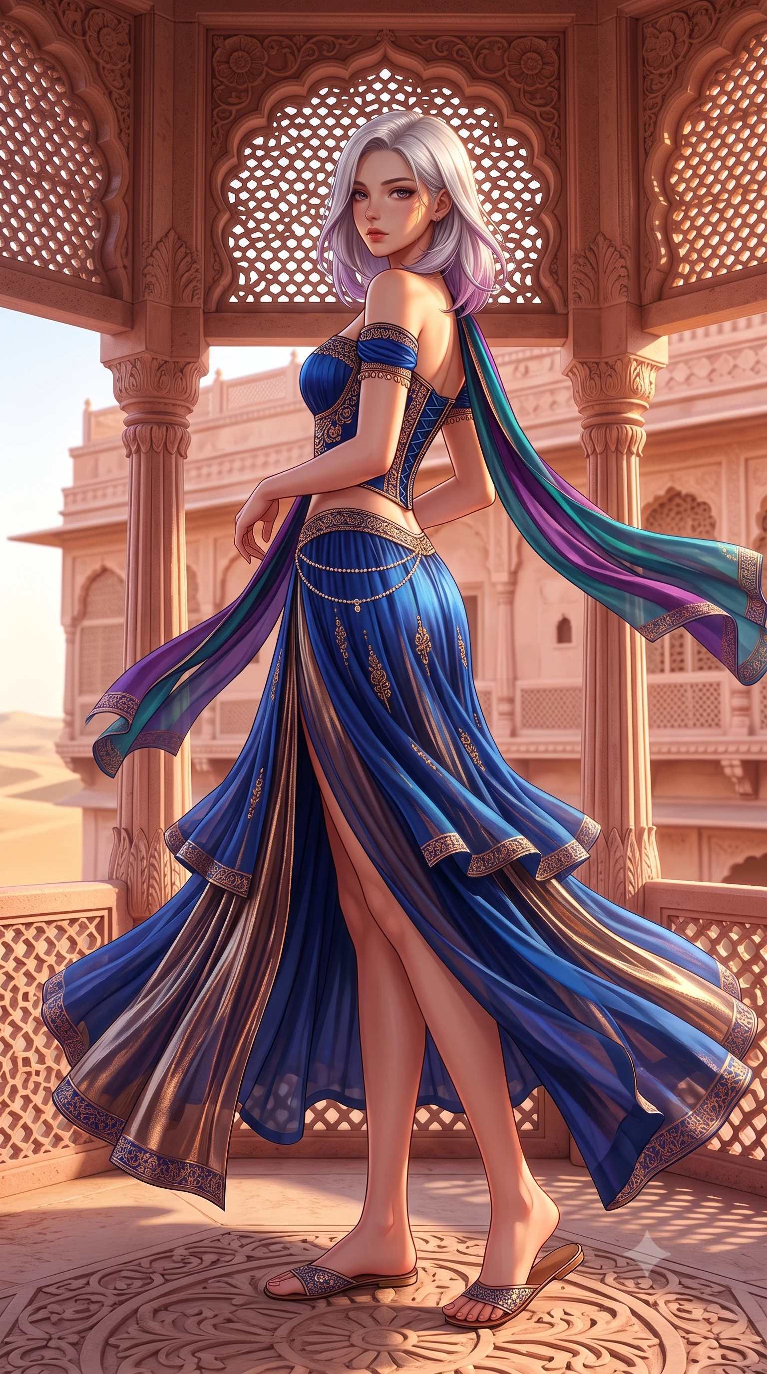 score_9, masterpiece, best quality, ultra-detailed, high-budget anime keyframe, semi-realistic 3D game render, editorial fashion photography, tasteful artistic composition, Caucasian woman. low angle full-body shot from head to toe showing her feet, filling the entire 9:16 vertical frame with her statuesque presence, stretching her vertical silhouette. executing an elegant mid-motion pivot turn as garments swirl around her slender limbs, glancing over her shoulder with an intoxicating bedroom-gaze while standing within the delicate pink sandstone latticed jharokha balcony, arching her back as evening desert winds flutter her jewel-toned silk dupatta. The surrounding environment is rendered in vivid detail and crisp panoramic clarity. detailed silk zardozi embroidery on gown, warm sunset sheen on skin, and Jaipur palace facade geometry in high resolution. She has an exceptionally tall and slender model-like 8.5-heads proportion, an ultra-slim waist, a flat toned midriff, narrow delicate ribcage, and beautifully sculpted feminine hips creating a graceful, slim hourglass silhouette without any bulky heaviness, with impossibly long slender legs. sharp v-shaped jawline, high-bridge nose, intricate jewel-like eyes with depth, thick eyelashes, glossy parted lips with a natural sheen, intensely captivating and seductive bedroom-eyes expression, flawlessly proportioned anatomical accuracy, strict slender model proportions, natural body alignment, perfectly sculpted long slender limbs, ultra-slim waistline, clean dynamic posture without body distortion. wearing an off-shoulder French court corset bodice dress paired with a tiered translucent chiffon slit skirt in royal sapphire blue and liquid bronze, crafted from luxurious metallic lamé that shifts radiance with every step, accented with a dainty diamond waist chain catching the ambient light reflections, the second-skin form-contouring cut accentuating her sculpted flat midriff, narrow delicate ribcage, and gracefully curvy hips with supermodel precision. illuminated by delicate patterned light filtering through stone lattice screens sculpting her razor-sharp jawline, narrow waist, and curvy hips. highly saturated vibrant anime colors, detailed shading with soft gradients, rich glossy textures, high-contrast stereoscopic depth, volumetric dynamic lighting, master piece, 9:16 ratio