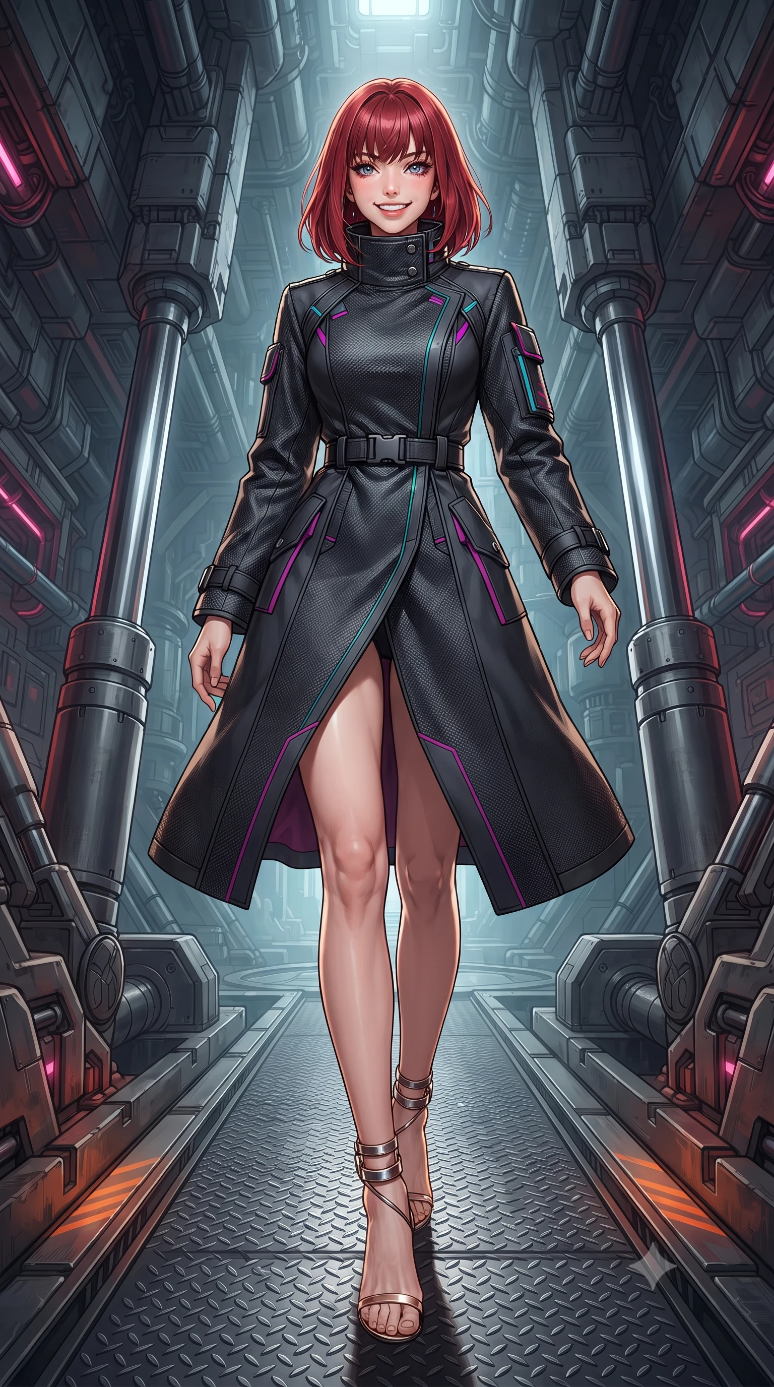 score_9, masterpiece, best quality, ultra-detailed, high-budget anime keyframe, editorial fashion photography, tasteful artistic composition, Caucasian woman. low angle full-body shot from head to toe showing her feet, filling the entire 9:16 vertical frame with her statuesque presence, stretching her vertical silhouette. stepping forward in a confident stride, her long slender legs and curvaceous hips creating a dynamic, sweeping vertical line while standing poised on the industrial diamond-tread blast ramp between colossal hydraulic recoil pistons, arching her lower back with commanding warrior presence. The surrounding environment is rendered in vivid detail and crisp panoramic clarity: detailed tactical coat texture, combat webbing accents, and monumental subterranean fortress engineering in high resolution. She has an exceptionally tall and slender model-like 8.5-heads proportion, an ultra-slim waist, a flat toned midriff, narrow delicate ribcage, and beautifully sculpted feminine hips creating a graceful, slim hourglass silhouette without any bulky heaviness, with impossibly long slender legs. sharp v-shaped jawline, high-bridge nose, intricate jewel-like sparkling eyes with depth, thick eyelashes, glossy parted lips with a natural peach sheen, bright cheerful beaming smile with an enchanting and coquettish sensual glint, exuding both youthful cute charm and seductive allure, flawlessly proportioned anatomical accuracy, strict slender model proportions, natural body alignment, perfectly sculpted long slender limbs, ultra-slim waistline, clean dynamic posture without body distortion. wearing a bespoke tactical commander trench coat in matte carbon-weave with magnetic utility buckles, storm flaps, and high standing collar in Kowloon neon magenta and electric teal, tailored from high-density tech-wool with subtle metallic thread weave, complemented by strappy stiletto sandals with metallic ankle wraps accentuating her slender calves, the bespoke structured tailoring following the natural line of her 8.5-heads silhouette with refined elegance. illuminated by diamond-plate steel reflection bounce and sharp gold-amber rim lights defining her razor-sharp jawline, narrow waist, and curvy hips. ultra-reflective glossy finish, specular highlights, rich textural contrasts, high-contrast stereoscopic depth, volumetric dynamic lighting, 2k, ultra detail, master piece, 9:16 ratio