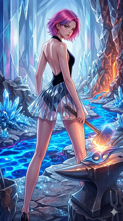 score_9, masterpiece, best quality, ultra-detailed, high-budget anime keyframe, Caucasian woman, strictly human ears. low angle full-body shot filling the entire 9:16 frame with her statuesque presence, stretching the vertical silhouette. forging in 