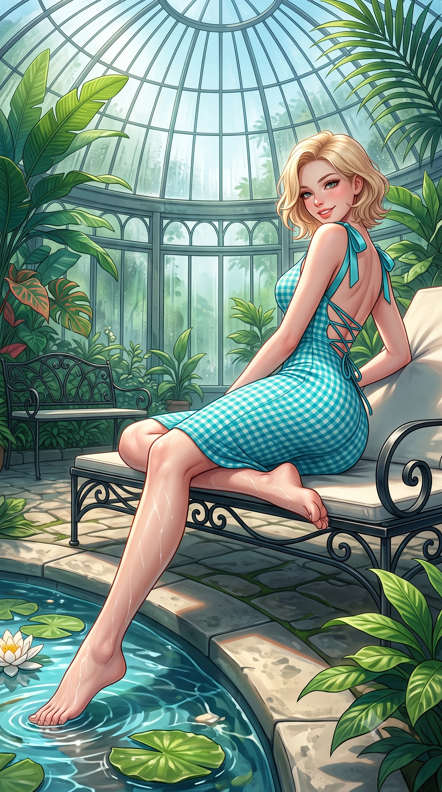 score_9, masterpiece, best quality, ultra-detailed, high-budget anime keyframe, semi-realistic 3D game render, editorial fashion photography, tasteful artistic composition, Caucasian woman. low angle full-body shot from head to toe showing her feet, filling the entire 9:16 vertical frame with her statuesque presence, stretching her vertical silhouette. reclining languidly on her side across the sunbed with one knee drawn up, her radiant smile and arched hip curve commanding the 9:16 vertical frame with youthful sensual charisma while wading lightly beside a tranquil stone lily pond with one knee bent, water caustics tracing her feminine hips and long slender legs. The surrounding environment is rendered in vivid detail and crisp panoramic clarity. sharp wrought-iron bench scrollwork, tropical leaf venation, and glass pane condensation in deep focus. She has an exceptionally tall and slender model-like 8.5-heads proportion, an ultra-slim waist, a flat toned midriff, narrow delicate ribcage, and beautifully sculpted feminine hips creating a graceful, slim hourglass silhouette without any bulky heaviness, with impossibly long slender legs. sharp v-shaped jawline, high-bridge nose, intricate jewel-like sparkling eyes with depth, thick eyelashes, glossy parted lips with a natural peach sheen, bright cheerful beaming smile with an enchanting and coquettish sensual glint, exuding both youthful cute charm and seductive allure, flawlessly proportioned anatomical accuracy, strict slender model proportions, natural body alignment, perfectly sculpted long slender limbs, ultra-slim waistline, clean dynamic posture without body distortion. wearing a backless lace-up gingham sundress with a form-fitting bodice and hip-defining silhouette in ocean turquoise and sea-salt white, formed from supple second-skin stretch ribbed knit clinging to her form, finished with cute satin bow ribbons tying at the shoulders, the form-contouring cut accentuating her sculpted flat midriff, narrow delicate ribcage, and gracefully curvy hips with supermodel precision. bathed in fresh botanical sunbeams filtering through the soaring glass dome. highly saturated vibrant anime colors, detailed shading with soft gradients, rich glossy textures, high-contrast stereoscopic depth, volumetric dynamic lighting, master piece, 9:16 ratio