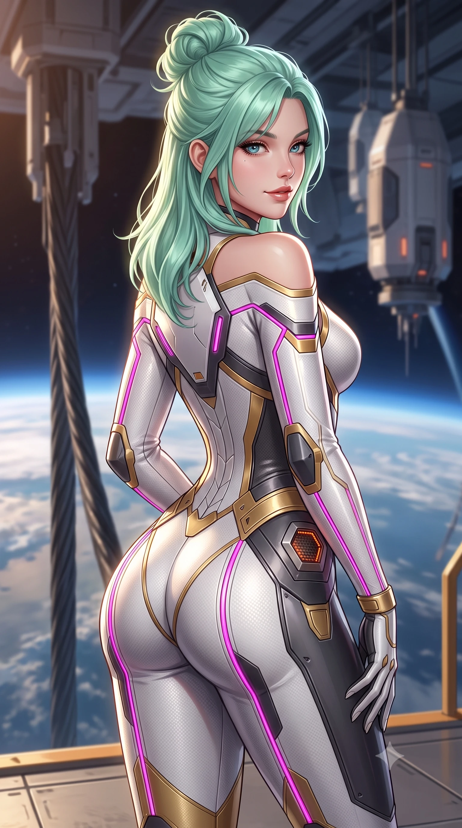 score_9, masterpiece, best quality, ultra-detailed, high-budget anime keyframe, semi-realistic 3D game render, editorial fashion photography, tasteful artistic composition, Japanese woman. close-up cowboy shot from the waist and thighs up, the character dominates the composition, filling the frame with her large presence. posing in an alluring rear three-quarter angle, turning over a bare shoulder with an intoxicating gaze, her hips cocked back to highlight her slim hourglass curve against the glowing reactor while standing beside the immense carbon-tether cable descending into Earth's atmosphere, arching her spine with breathtaking grace. The background shows a soft-focus massive tether climber pods arriving at the dock softened in epic space infrastructure shallow focus. She has an exceptionally elegant, slender, and willowy female figure with an ultra-slim waist, flat toned midriff, narrow ribcage, and sculpted feminine hips creating an alluring, slim hourglass silhouette without bulk. sharp v-shaped jawline, high-bridge nose, intricate jewel-like sparkling eyes with depth, thick eyelashes, glossy parted lips with a natural sheen, bright confident smile with an enchanting and coquettish sensual glint, exuding both youthful magnetic charm and sovereign high-tech allure, flawlessly proportioned anatomical accuracy, strict slender model proportions, natural body alignment, perfectly sculpted long slender limbs, ultra-slim waistline, clean dynamic posture without body distortion. wearing a form-fitting white-and-gold zero-gravity EVA jumpsuit with an ultra-slim corseted waist and exposed clavicle line in deep titanium gunmetal and radiant magenta neon, crafted from lightweight aerodynamic matte carbon-fiber weave with structural stiffness, accented with subtle hexagonal heat-sink vents glowing with dim orange thermal heat, the high-waisted tailoring accentuating her ultra-slim waistline and the enchanting curve of her feminine hips with alluring dark charm. illuminated by warm cabin ambient fill and crisp platinum rim lighting sculpting her razor-sharp jawline, narrow waist, and curvy hips. highly saturated vibrant anime colors, detailed shading with soft gradients, rich glossy textures, high-contrast stereoscopic depth, volumetric dynamic lighting, master piece, 9:16 ratio