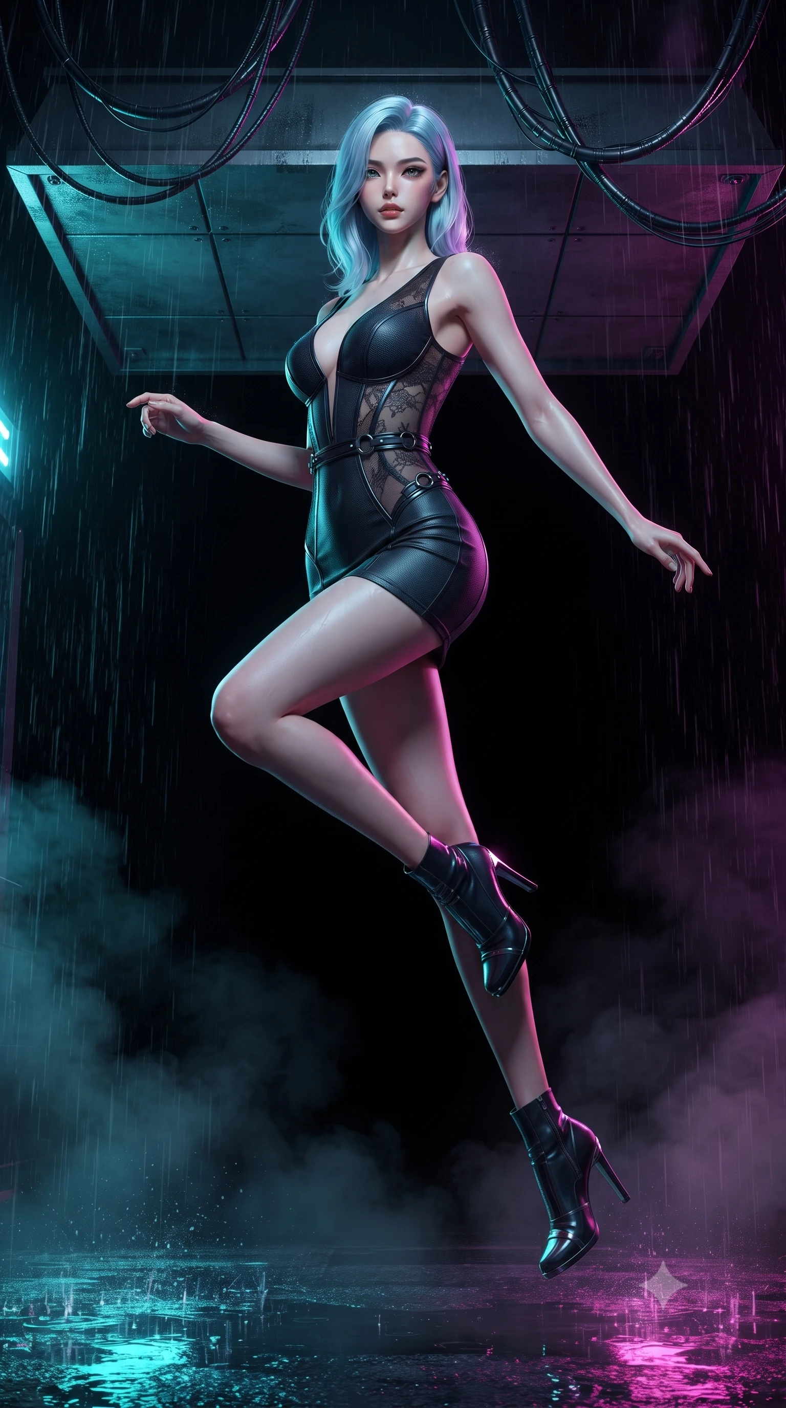 score_9, masterpiece, best quality, ultra-detailed, high-budget anime keyframe, editorial fashion photography, tasteful artistic composition, Korean woman. low angle full-body shot from head to toe showing her feet, filling the entire 9:16 vertical frame with her statuesque presence, stretching her vertical silhouette. leaping dynamically through the pitch-black void, her posture full of power and elegance, poised beneath a dark metallic awning as rain cascades into neon-lit puddles, dark metallic cybernetic cables hanging ominously overhead. She has an absolutely perfect, statuesque 8.5-heads proportion, an exceptionally tall and slender model-like female figure with impossibly long slender legs and an ultra-slim waist. sharp v-shaped jawline, high-bridge nose, intricate jewel-like eyes with depth, thick eyelashes, glossy lips with a natural sheen. wearing deep V-neck corset bodice mini dress with sheer dark lace panels in obsidian black, made of matte carbon-fiber weave, trimmed with dark chrome ring hardware along the waist contours, contouring every curve with an exceptionally elegant silhouette. lit by sharp neon key light cutting through dense dark steam and rain. highly saturated vibrant anime colors, detailed shading with soft gradients, rich glossy textures, high-contrast stereoscopic depth, volumetric dynamic lighting, master piece, 9:16 ratio