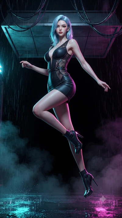 score_9, masterpiece, best quality, ultra-detailed, high-budget anime keyframe, editorial fashion photography, tasteful artistic composition, Korean woman. low angle full-body shot from head to toe showing her feet, filling the entire 9:16 vertical f