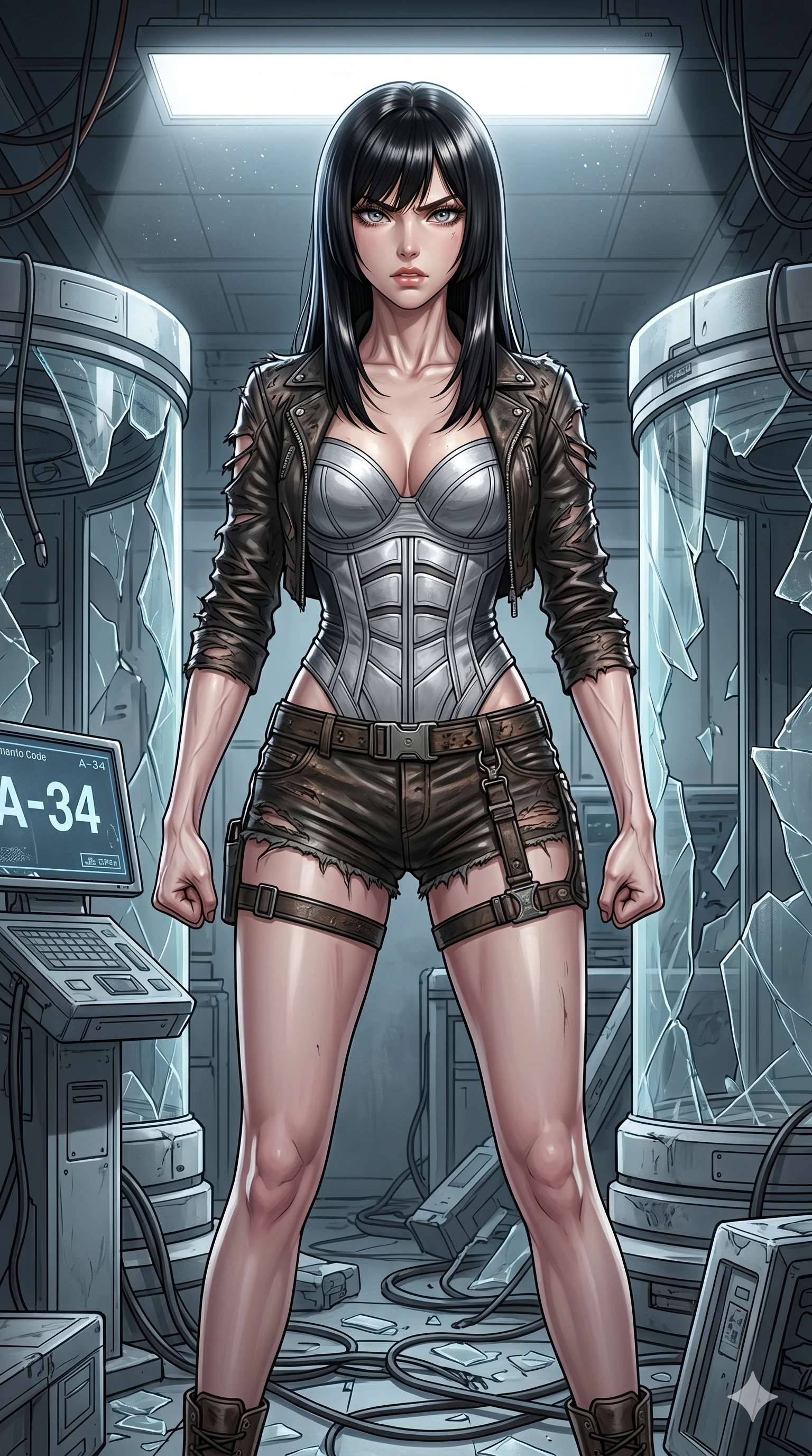 score_9, masterpiece, best quality, ultra-detailed, high-budget anime keyframe, editorial fashion photography, tasteful artistic composition, Caucasian woman, strictly human ears. cowboy shot from the thighs up, character and outfit filling the frame for maximum editorial presence. clenching her jaw with venomous indignation, her posture aggressive and tensed to strike inside a research lab surrounded by shattered glass containment pods (Scenario Code A-34). She has an absolutely perfect 8-heads proportion, an exceptionally tall and slender female figure with impossibly long slender legs and an ultra-slim waist. V-shaped jawline, high-bridge nose, intricate jewel-like eyes with depth, thick eyelashes, glossy lips with a natural sheen. wearing a shredded leather crop jacket over a structured silver bodice and micro-shorts. drenched in a harsh overhead white work light that accentuates her tensed muscles. 2k, ultra detail, master piece, 9:16 ratio