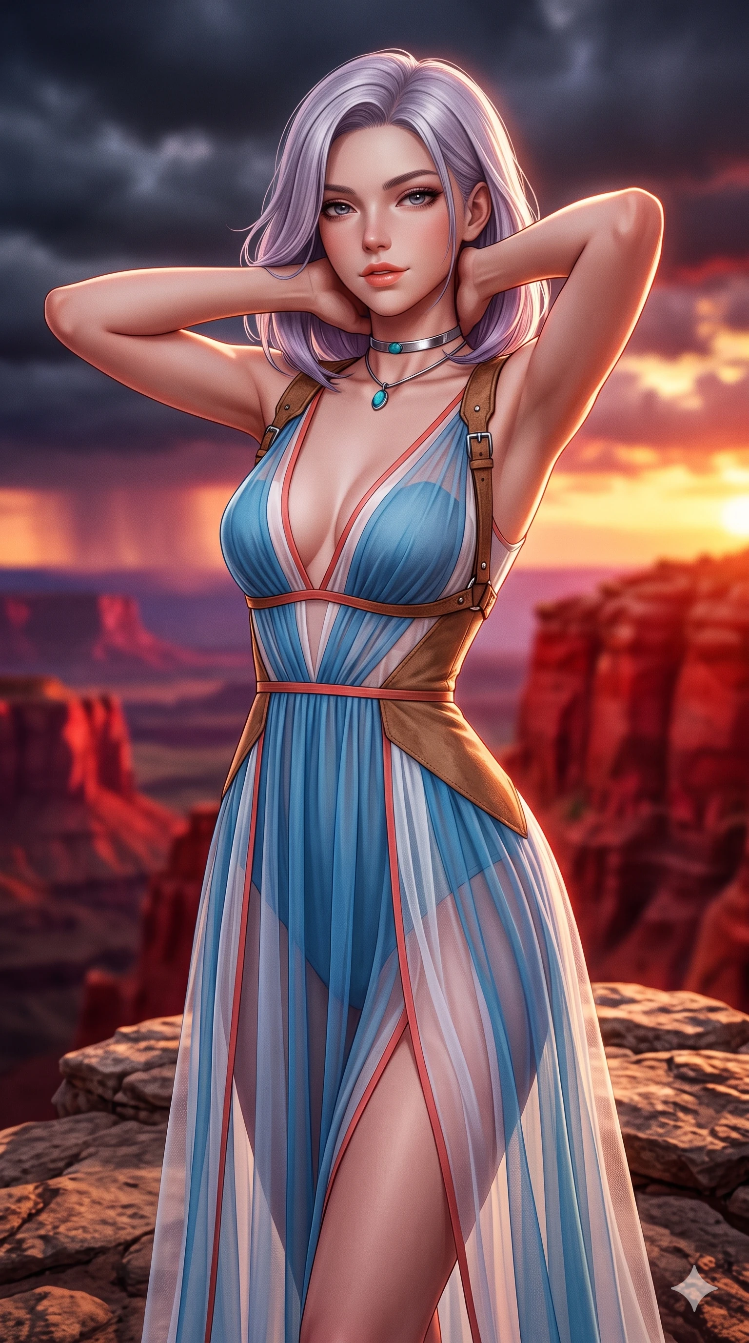 score_9, masterpiece, best quality, ultra-detailed, high-budget anime keyframe, semi-realistic 3D game render, editorial fashion photography, tasteful artistic composition, Caucasian woman. close-up cowboy shot from the waist and thighs up, the character dominates the composition, filling the frame with her large presence. resting both hands lightly behind her neck with elbows raised, arching her spine to highlight her narrow waist, flat midriff, and breathtaking collarbones while standing tall on the highest rock promontory, stretching her statuesque body as she arches her lower back to emphasize her sculpted feminine hips against the fiery sunset. The background shows a soft-focus blazing vermilion and crimson cliff tiers, purple desert rain squalls on the far horizon, and golden clouds blurred into ruby, violet, and molten gold bokeh. She has an exceptionally elegant, slender, and willowy female figure with an ultra-slim waist, flat toned midriff, narrow ribcage, and sculpted feminine hips creating an alluring, slim hourglass silhouette without bulk. sharp v-shaped jawline, high-bridge nose, sparkling eyes with hypnotic seductive depth, thick curled eyelashes, glossy parted lips with a natural dewy peach sheen, alluring bedroom-eyes with an enchanting coquettish smile, exuding magnetic siren charisma and sophisticated glamour, flawlessly proportioned anatomical accuracy, strict slender model proportions, natural body alignment, perfectly sculpted long slender limbs, ultra-slim waistline, clean dynamic posture without body distortion. wearing a plunge-front sheer illusion tulle slip dress with distressed leather harness straps contouring her spine in Mediterranean cerulean blue and optic white with coral trims, crafted from supple double-faced desert suede with an exceptionally soft matte finish, finished with a minimalist chrome choker and a single turquoise stone pendant, the bespoke structured tailoring following the natural line of her 8.5-heads silhouette with refined elegance. bathed in the dramatic, rich crimson and molten-gold illumination of the setting sun piercing beneath dark storm clouds. highly saturated vibrant anime colors, detailed shading with soft gradients, rich glossy textures, high-contrast stereoscopic depth, volumetric dynamic lighting, master piece, 9:16 ratio