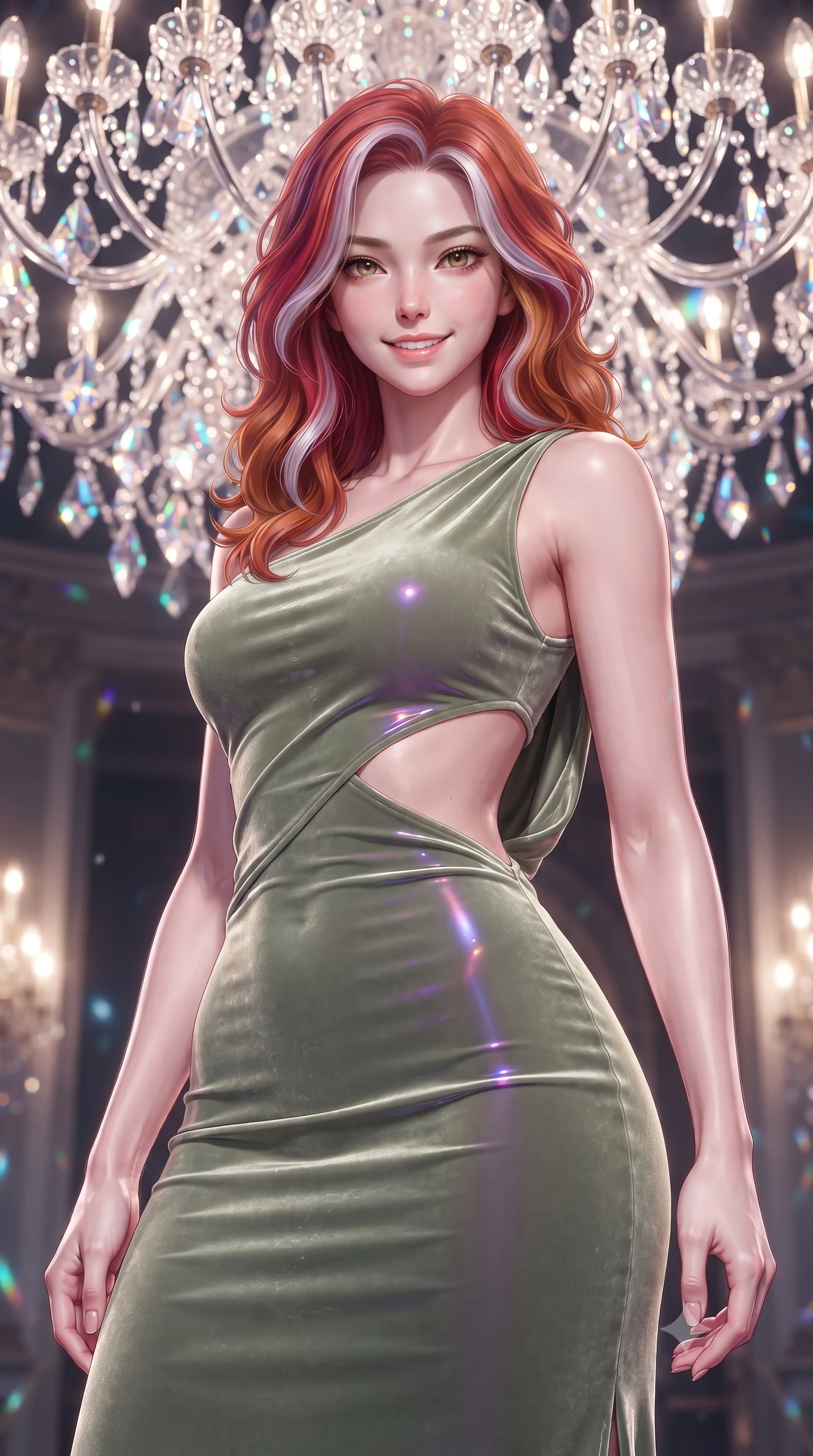 score_9, masterpiece, best quality, ultra-detailed, high-budget anime keyframe, editorial fashion photography, tasteful artistic composition, Caucasian woman. close-up cowboy shot from the waist and thighs up, the character dominates the composition, filling the frame with her large presence, background elements kept in soft focus. Smiling with quiet, magnetic self-assurance directly into the lens poised beneath a giant crystal chandelier refracting subterranean sunlight, sharp crystalline reflections creating an opulent, jewel-like ambience. She has an exceptionally elegant, slender, and willowy female figure with an ultra-slim waist, a gracefully sculpted slender torso, and a refined silhouette. sharp v-shaped jawline, high-bridge nose, intricate jewel-like eyes with depth, thick eyelashes, glossy lips with a natural sheen. wearing a precision-fitted liquid jersey bodycon dress with a draped back in sage green and oatmeal, made of premium stretch velvet with a rich sheen, featuring clean architectural cutouts along her slender torso, the tailored fabric tightly following every curve of her athletic build. illuminated by radiant purple, magenta, and cyan crystal inner glow. ultra-reflective glossy finish, specular highlights, metallic sheen, high-contrast stereoscopic depth, volumetric dynamic lighting, 2k, ultra detail, master piece, 9:16 ratio