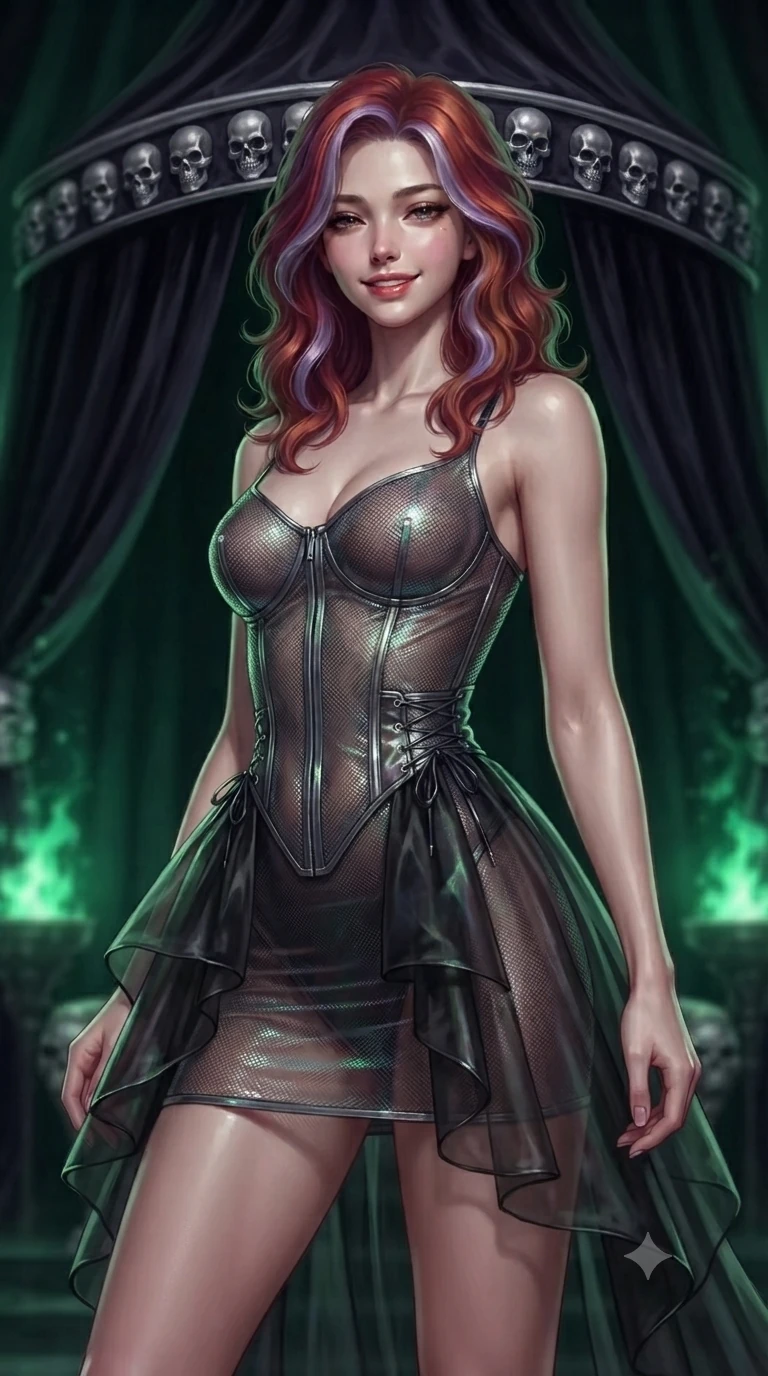 score_9, masterpiece, best quality, ultra-detailed, high-budget anime keyframe, editorial fashion photography, tasteful artistic composition, Caucasian woman. close-up cowboy shot from the waist and thighs up, the character dominates the composition, filling the frame with her large presence. smiling with quiet, magnetic self-assurance directly into the camera with heavy-lidded sparkling eyes while poised beside a colossal dark velvet throne canopy adorned with silver skulls, dramatic green firelight casting eerie shadows across the obsidian throne. The background shows a soft-focus draped dark velvet throne canopy folds, silver-embossed skull friezes, and dancing green witchfire braziers blurred into emerald, viridian, and jet-black bokeh. She has an exceptionally elegant, slender, and willowy female figure with an ultra-slim waist, flat toned midriff, narrow ribcage, and sculpted feminine hips creating an alluring, slim hourglass silhouette without bulk. sharp v-shaped jawline, high-bridge nose, intricate jewel-like dark sparkling eyes with hypnotic seductive depth, thick curled eyelashes, glossy parted lips with a natural wine sheen, alluring bedroom-eyes with an enigmatic smoldering smile, exuding magnetic sovereign charisma and dark avant-garde glamour, flawlessly proportioned anatomical accuracy, strict slender model proportions, natural body alignment, perfectly sculpted long slender limbs, ultra-slim waistline, clean dynamic posture without body distortion. wearing a translucent iridescent micro-mesh corset dress with wet-look second-skin cling tracing her feminine curves in pure obsidian monochrome with subtle metallic sheen, crafted from layered gossamer black organza with weightless, smoky flutter, finished with metallic silver boning and sleek zipper points, accentuating her gracefully sculpted slender torso and statuesque proportions. lit by regal theatrical key light and dramatic green firelight casting eerie specular highlights across obsidian surfaces. ultra-reflective glossy finish, specular highlights, metallic sheen, high-contrast stereoscopic depth, volumetric dynamic lighting, 2k, ultra detail, master piece, 9:16 ratio