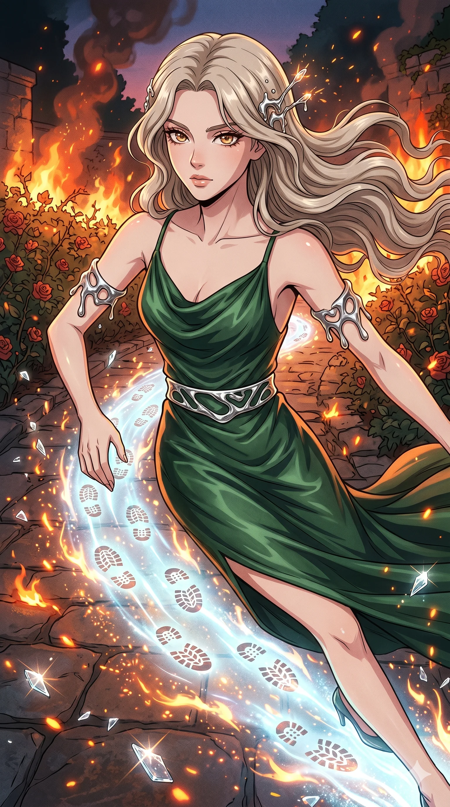 score_9, masterpiece, best quality, ultra-detailed, Set A: High-budget Anime Keyframe, Caucasian (strictly human ears) woman. Upper body close-up from the thighs up, character filling the screen for maximum presence. Sliding through a burning rose garden, as she leaves a trail of 138 glowing footprints and surrounded by shattered glass fragments. She has an absolutely perfect 8-heads proportion, an exceptionally tall and slender female figure with impossibly long slender legs and an ultra-slim waist. Sharp v-shaped jawline, high-bridge nose, intricate jewel-like eyes with depth, thick eyelashes, glossy lips with a natural sheen. Wearing Elegant silk slip dress with a dangerously low neckline and molten mercury accessories. Cinematic lighting, vibrant colors, dramatic shadows, 2k, ultra detail, master piece, 9:16 ratio