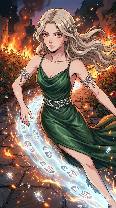 score_9, masterpiece, best quality, ultra-detailed, Set A: High-budget Anime Keyframe, Caucasian (strictly human ears) woman. Upper body close-up from the thighs up, character filling the screen for maximum presence. Sliding through a burning rose ga
