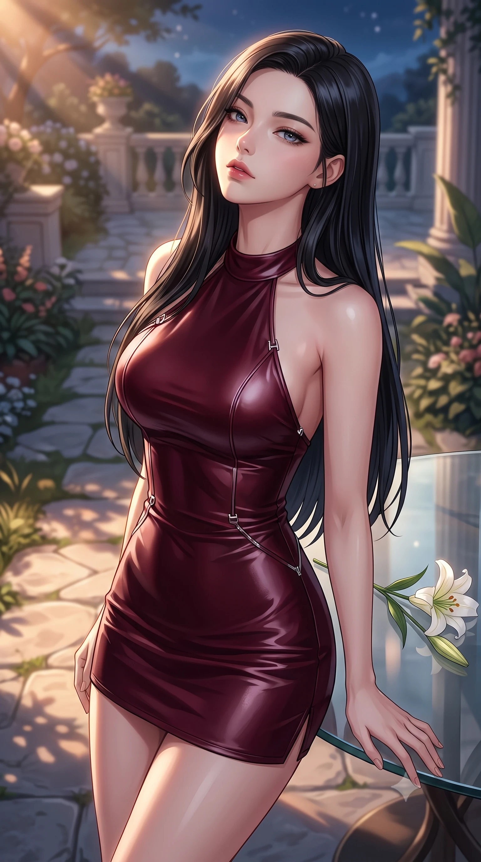 score_9, masterpiece, best quality, ultra-detailed, high-budget anime keyframe, editorial fashion photography, tasteful artistic composition, Korean woman. close-up cowboy shot from the waist and thighs up, the character dominates the composition, filling the frame with her large presence, background elements kept in soft focus. tilting her chin up with a composed yet deeply enticing gaze, her eyes sparkling under the warm lighting set against a soft-focus background of inside an exclusive moonlit garden terrace with a single long-stemmed white lily resting against a polished glass surface. She has an exceptionally elegant, slender, and willowy female figure with an ultra-slim waist, a gracefully sculpted slender torso, and a refined silhouette. sharp v-shaped jawline, high-bridge nose, intricate jewel-like eyes with depth, thick eyelashes, glossy lips with a natural sheen. wearing slim-fit deep burgundy glossy leather form-contouring cashmere halter dress tracing her statuesque physique accented with delicate silver hardware. bathed in warm golden hour sunbeams that cast long, romantic shadows across the floor. highly saturated vibrant anime colors, detailed shading with soft gradients, rich glossy textures, high-contrast stereoscopic depth, volumetric dynamic lighting, master piece, 9:16 ratio
