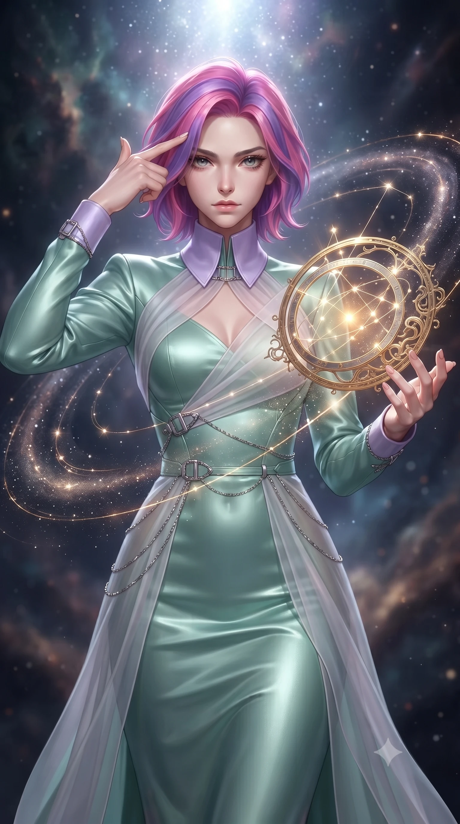 score_9, masterpiece, best quality, ultra-detailed, high-budget anime keyframe, editorial fashion photography, tasteful artistic composition, Caucasian woman. close-up cowboy shot from the waist and thighs up, the character dominates the composition, filling the frame with her large presence, background elements kept in soft focus. Pressing two fingers to her temple in a composed, sharp thoughtful gesture, navigating a constellation map woven from starlight threads and gold filigree, swirling galaxy dust creating luminous arcs in the cosmic air. She has an exceptionally elegant, slender, and willowy female figure with an ultra-slim waist, a gracefully sculpted slender torso, and a refined silhouette. sharp v-shaped jawline, high-bridge nose, intricate jewel-like eyes with depth, thick eyelashes, glossy lips with a natural sheen. wearing long-sleeved seafoam green satin gown with high structured collar in pastel lavender violet, made of sheer opal chiffon overlay, framed by polished silver buckles and delicate chain details, sculpting her athletic slender build with refined precision. illuminated by brilliant starlight and warm golden inner glow from the astrolabe. ultra-reflective glossy finish, specular highlights, metallic sheen, high-contrast stereoscopic depth, volumetric dynamic lighting, 2k, ultra detail, master piece, 9:16 ratio