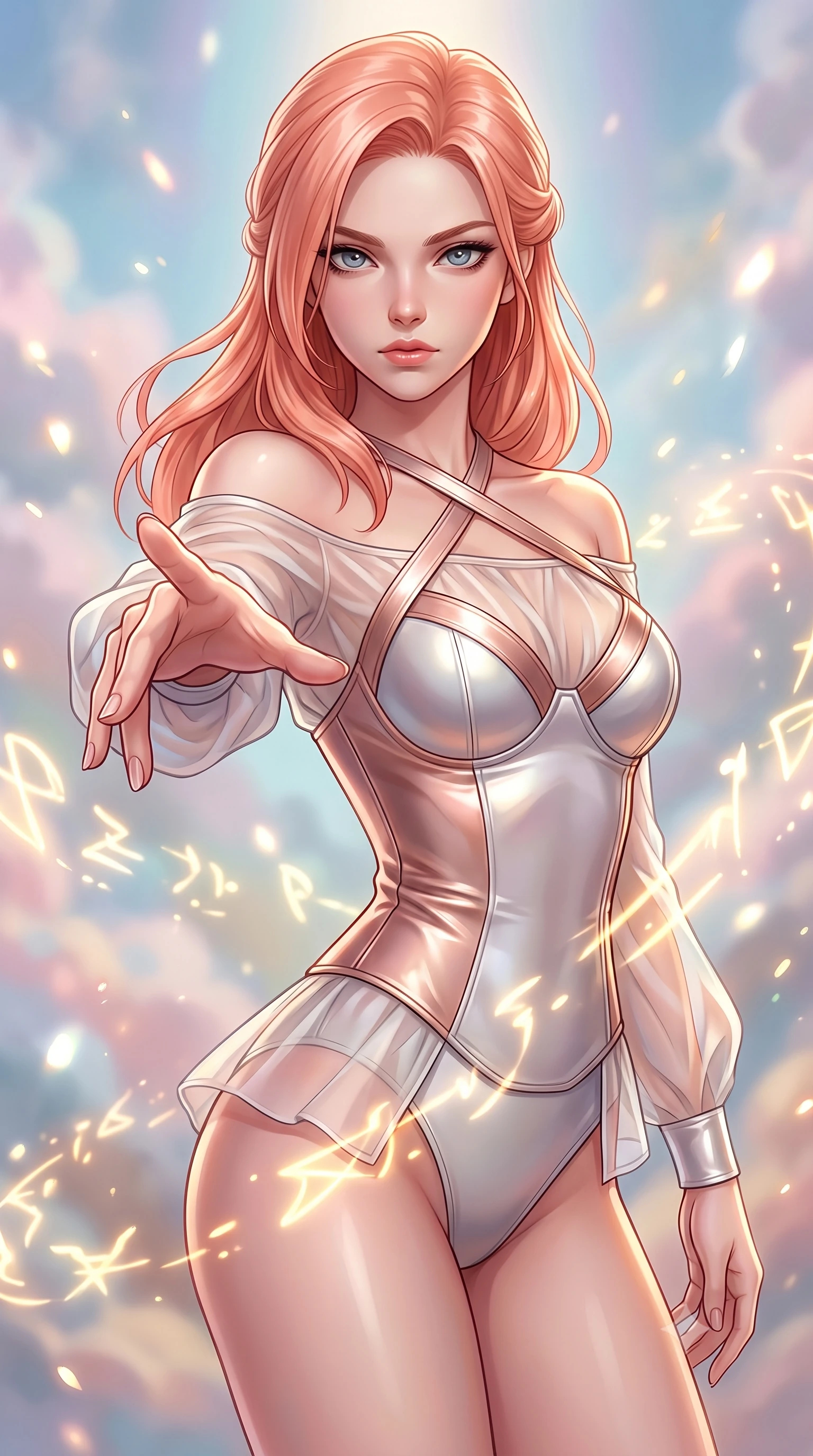 score_9, masterpiece, best quality, ultra-detailed, high-budget anime keyframe, editorial fashion photography, tasteful artistic composition, Japanese woman. close-up cowboy shot from the waist and thighs up, the character dominates the composition, filling the frame with her large presence, background elements kept in soft focus. Gazing past the lens with composed intensity as her torso curves dynamically in mid-motion while pivoting dynamically with one hand extending toward the viewer in a power pose, pastel-colored steam clouds scattering bright metallic highlights. She has an exceptionally elegant, slender, and willowy female figure with an ultra-slim waist, a gracefully sculpted slender torso, and a refined silhouette. sharp v-shaped jawline, high-bridge nose, intricate jewel-like eyes with depth, thick eyelashes, glossy lips with a natural sheen, flawlessly proportioned anatomical accuracy, natural body alignment, perfectly sculpted elegant limbs, clean dynamic posture without body distortion. wearing a tailored leather bustier over a sheer silk chiffon blouse in pearl white and rose gold, woven from fine semi-opaque sheer organza, complemented by criss-cross back straps highlighting her bare shoulders, the sleek second-skin texture accentuating her magnetic presence. illuminated by golden alchemy rune radiance and dramatic top key light. highly saturated vibrant anime colors, detailed shading with soft gradients, rich glossy textures, high-contrast stereoscopic depth, volumetric dynamic lighting, master piece, 9:16 ratio