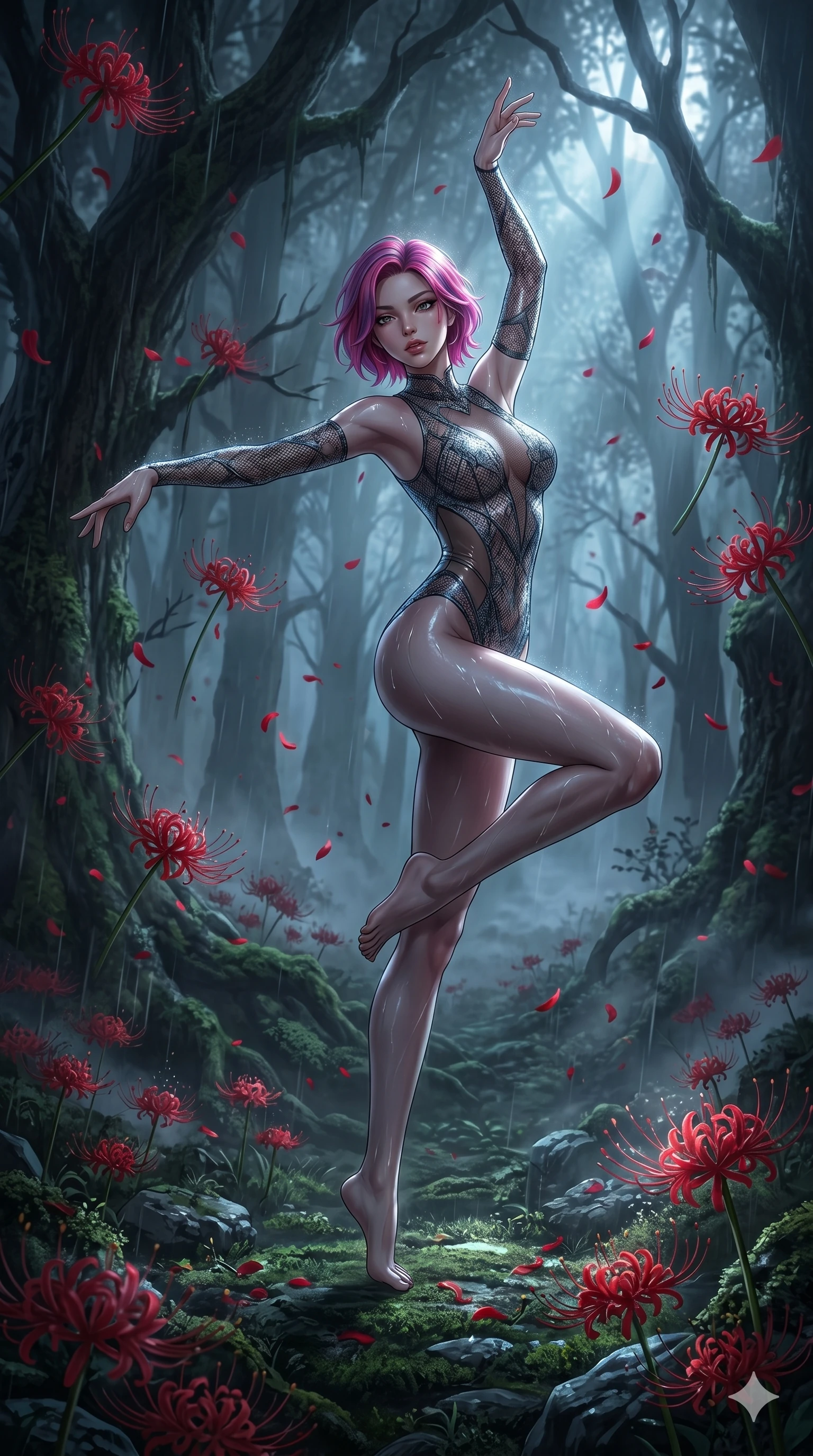 score_9, masterpiece, best quality, ultra-detailed, High-budget Anime Keyframe, East Asian woman. Low angle cowboy shot filling the entire 9:16 frame with her statuesque presence. Scenario 165: Dancing amidst falling red spider lilies in a misty dark forest. Her presence is magnetic and overpowering in this high-budget anime scene. Outfit 165: A micro-mesh lace bare with a sheer panels and wet-look texture. The clothing is designed to emphasize her exceptionally tall and slender 8-heads proportion. 8-heads proportion, towering silhouette, ultra-slim waist. sharp v-shaped jawline, intricate jewel-like eyes with depth, thick eyelashes, glossy lips. 2k, ultra detail, master piece, 9:16 ratio