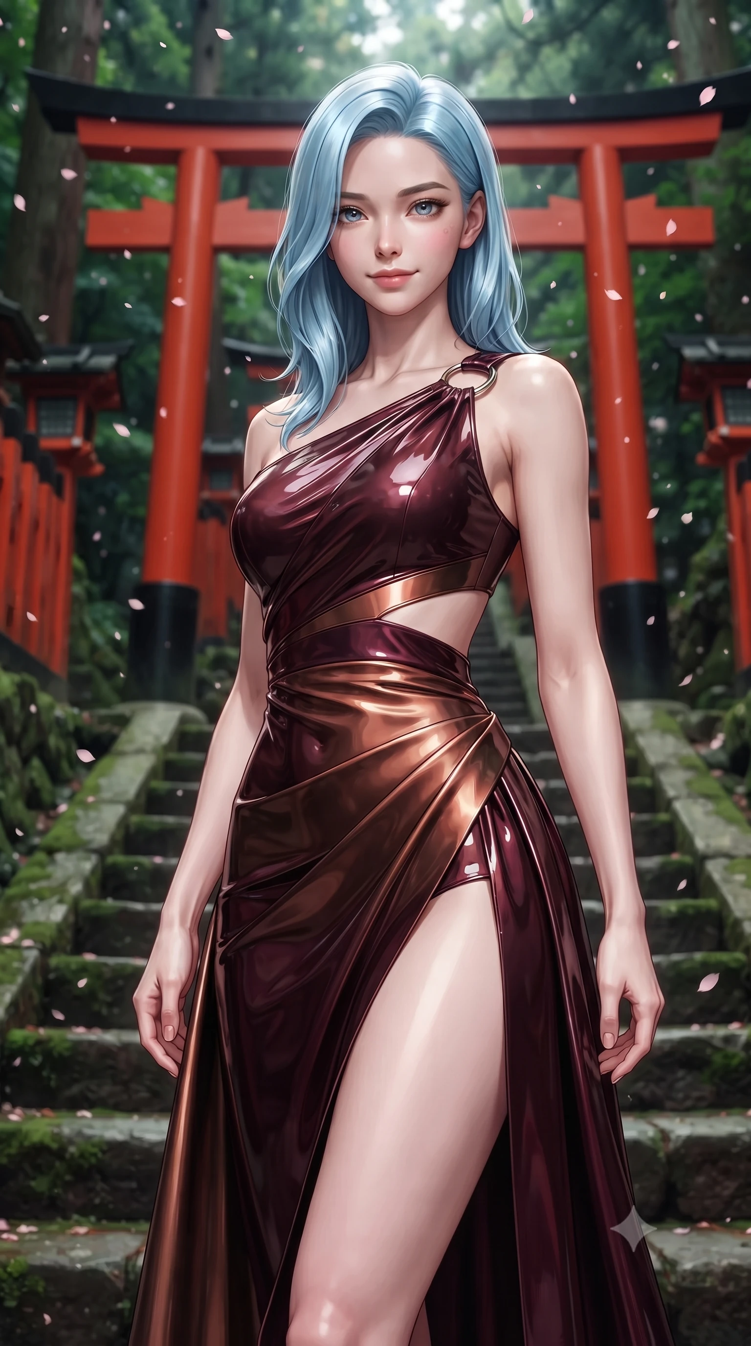 score_9, masterpiece, best quality, ultra-detailed, high-budget anime keyframe, editorial fashion photography, tasteful artistic composition, Korean woman. close-up cowboy shot from the waist and thighs up, the character dominates the composition, filling the frame with her large presence, background elements kept in soft focus. Smiling with quiet, magnetic self-assurance directly into the lens poised on the steps of a traditional wooden shrine surrounded by floating sakura, vivid red vermilion torii gates contrasting with deep green moss stone. She has an exceptionally elegant, slender, and willowy female figure with an ultra-slim waist, a gracefully sculpted slender torso, and a refined silhouette. sharp v-shaped jawline, high-bridge nose, intricate jewel-like eyes with depth, thick eyelashes, glossy lips with a natural sheen. wearing an asymmetrical Grecian draped chiffon gown with a metallic shoulder ring in deep burgundy and bronze, tailored from high-gloss patent leather, featuring clean architectural cutouts along her slender torso, the form-contouring material highlighting her ultra-slim waist and long lines. surrounded by a tranquil, spiritual aura with rich red and green contrast. ultra-reflective glossy finish, specular highlights, metallic sheen, high-contrast stereoscopic depth, volumetric dynamic lighting, 2k, ultra detail, master piece, 9:16 ratio