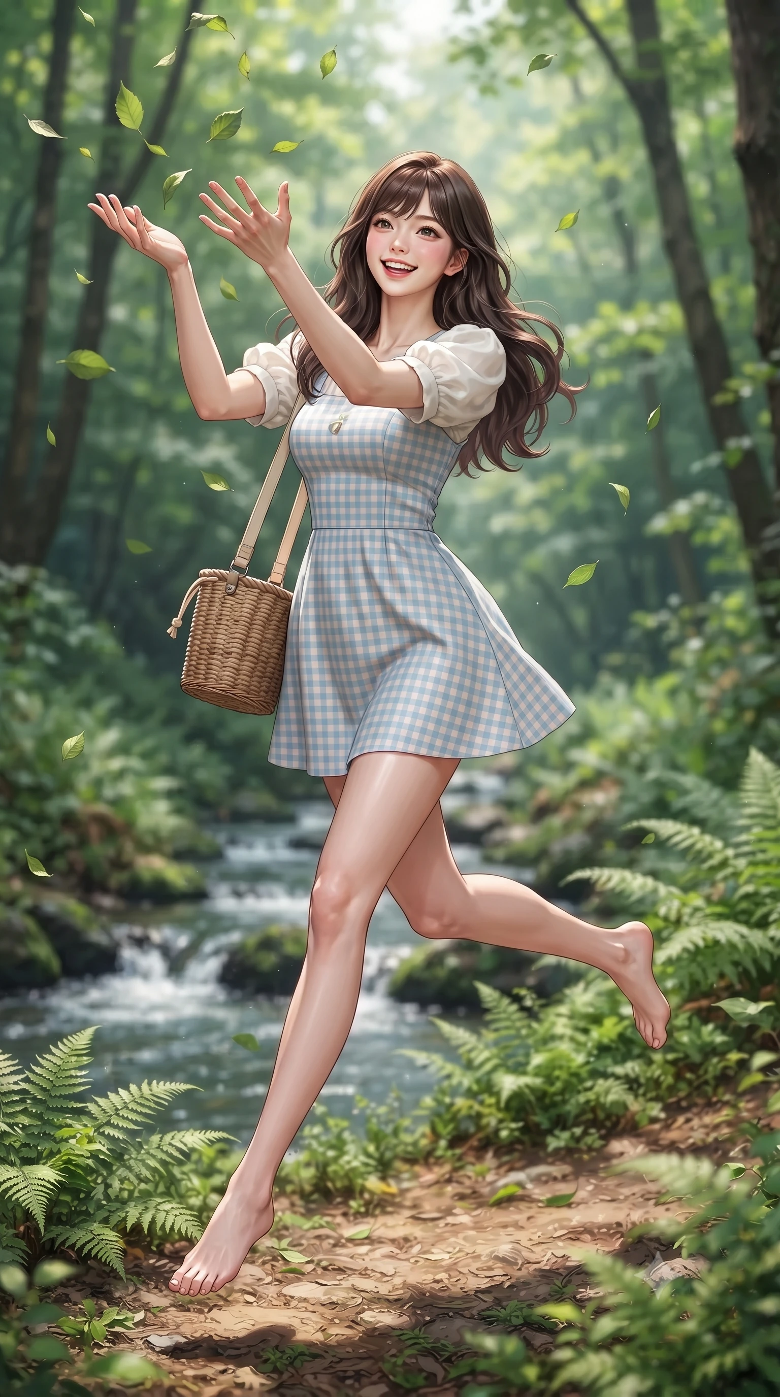 score_9, masterpiece, best quality, ultra-detailed, high-budget anime keyframe, editorial fashion photography, tasteful artistic composition, Korean woman. low angle full-body shot from head to toe showing her feet, filling the entire 9:16 vertical frame with her statuesque presence, stretching her vertical silhouette. leaping with lighthearted youthful energy across the natural path with a dazzling bright smile and balanced athletic poise while catching dancing sunbeams and falling green leaves with cupped hands in a joyful, dynamic pose. The composition keeps background elements in soft focus with creamy bokeh. babbling brook currents and lush fern undergrowth softened by gentle shallow depth of field. She has an absolutely perfect, statuesque 8.5-heads proportion, an exceptionally tall and slender model-like female figure with impossibly long slender legs, a toned flat midriff, and an ultra-slim waist. sharp v-shaped jawline, high-bridge nose, intricate jewel-like eyes with depth, thick eyelashes, glossy lips with a natural sheen, pure and lovely fresh girlhood expression, flawlessly proportioned anatomical accuracy, strict slender model proportions, natural body alignment, perfectly sculpted long slender limbs, ultra-slim waistline, clean dynamic posture without body distortion. wearing a charming pastel gingham pinafore dress layered over a soft white puff-sleeve blouse in gentle baby blue and cloud white, tailored from soft pastel lightweight wool blend with subtle texture, accessorized with a rustic woven wicker bag and canvas strap, the body-hugging lightweight knit clinging delicately to her slender torso, accentuating her graceful neck and feminine lines. surrounded by a pure, healing, and magically enchanting forest fairy maiden aura. ultra-reflective glossy finish, specular highlights, rich natural textures, high-contrast stereoscopic depth, volumetric dynamic lighting, 2k, ultra detail, master piece, 9:16 ratio
