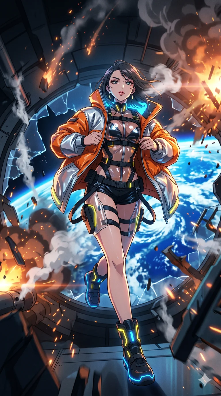 score_9, masterpiece, best quality, ultra-detailed, High-budget Anime Keyframe, vibrant colors, fluid line-art, expressive lighting, cinematic composition, Ufotable-style visual effects, top-tier animation quality, Japanese woman with delicate and elegant anime-inspired features. Low angle cowboy shot filling the entire 9:16 frame with her statuesque presence, looking up to emphasize her height. Escaping a crumbling orbital space station amidst falling debris and venting atmosphere, the earth visible as a beautiful blue marble below. She has an absolutely perfect 8-heads proportion, an exceptionally tall and slender female figure with impossibly long slender legs and an ultra-slim waist, her statuesque height and towering silhouette dominating the vertical 9:16 frame. Her face is a masterpiece featuring a sharp v-shaped jawline, high-bridge nose, intricate jewel-like eyes with depth, thick eyelashes, and glossy lips with a natural sheen. She is wearing a Oversized puffer jacket worn over a micro-shorts and harness set, unzipped to reveal her chest crafted from Transparent PVC with a high-gloss finish that reveals the intricate layers beneath, with integrated neon-lit tactical gear and suggestive cutouts on the thighs. The scene is set in an abstract digital void with floating golden geometric shapes and rivers of flowing code, illuminated by dynamic strobe effects that capture her movement in a series of sharp fragments. 2k, ultra detail, master piece, 9:16 ratio