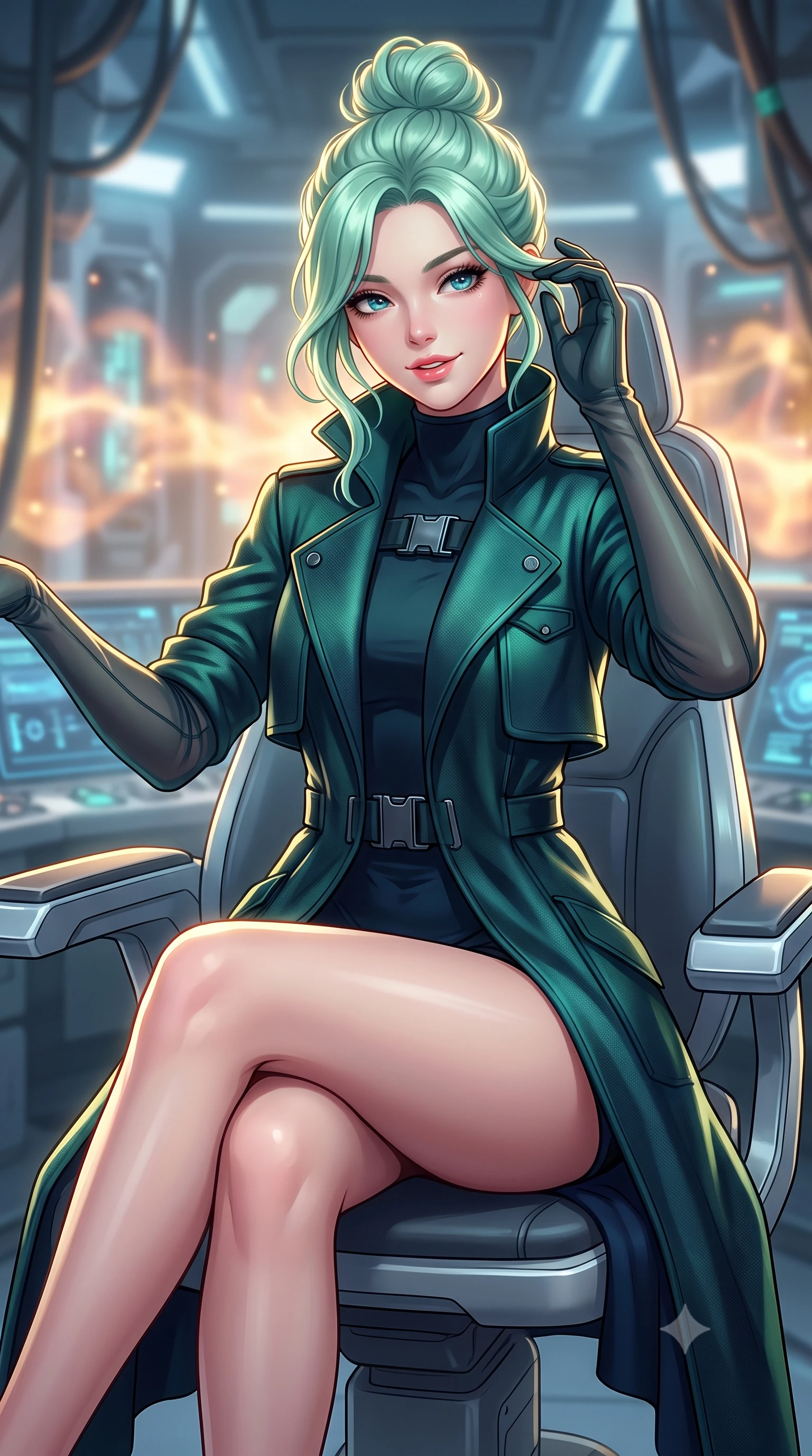 score_9, masterpiece, best quality, ultra-detailed, high-budget anime keyframe, semi-realistic 3D game render, editorial fashion photography, tasteful artistic composition, Japanese woman. close-up cowboy shot from the waist and thighs up, the character dominates the composition, filling the frame with her large presence. gently brushing a lock of hair behind her ear while casting a playful, flirtatious side-gaze with long eyelashes while sitting gracefully on the ergonomic control chair with legs crossed, flashing a playful, coquettish smile with parted glossy lips. The background shows a soft-focus plasma heat haze softened in futuristic quantum fusion facility shallow focus. She has an exceptionally elegant, slender, and willowy female figure with an ultra-slim waist, flat toned midriff, narrow ribcage, and sculpted feminine hips creating an alluring, slim hourglass silhouette without bulk. sharp v-shaped jawline, high-bridge nose, intricate jewel-like sparkling eyes with depth, thick eyelashes, glossy parted lips with a natural peach sheen, bright cheerful beaming smile with an enchanting and coquettish sensual glint, exuding both youthful cute charm and seductive allure, flawlessly proportioned anatomical accuracy, strict slender model proportions, natural body alignment, perfectly sculpted long slender limbs, ultra-slim waistline, clean dynamic posture without body distortion. wearing a bespoke tactical commander trench coat in matte carbon-weave with magnetic utility buckles, storm flaps, and high standing collar in bioluminescent emerald and abyssal sapphire, crafted from bespoke double-faced cashmere with an exceptionally soft tactile finish, complemented by sheer opera-length evening gloves tracing her slender arms, the impeccably tailored cut draping gracefully along her slender figure with aristocratic poise. illuminated by gantry reflection bounce and sharp sunburst-gold rim lights defining her jawline, narrow waist, and curvy hips. highly saturated vibrant anime colors, detailed shading with soft gradients, rich glossy textures, high-contrast stereoscopic depth, volumetric dynamic lighting, master piece, 9:16 ratio