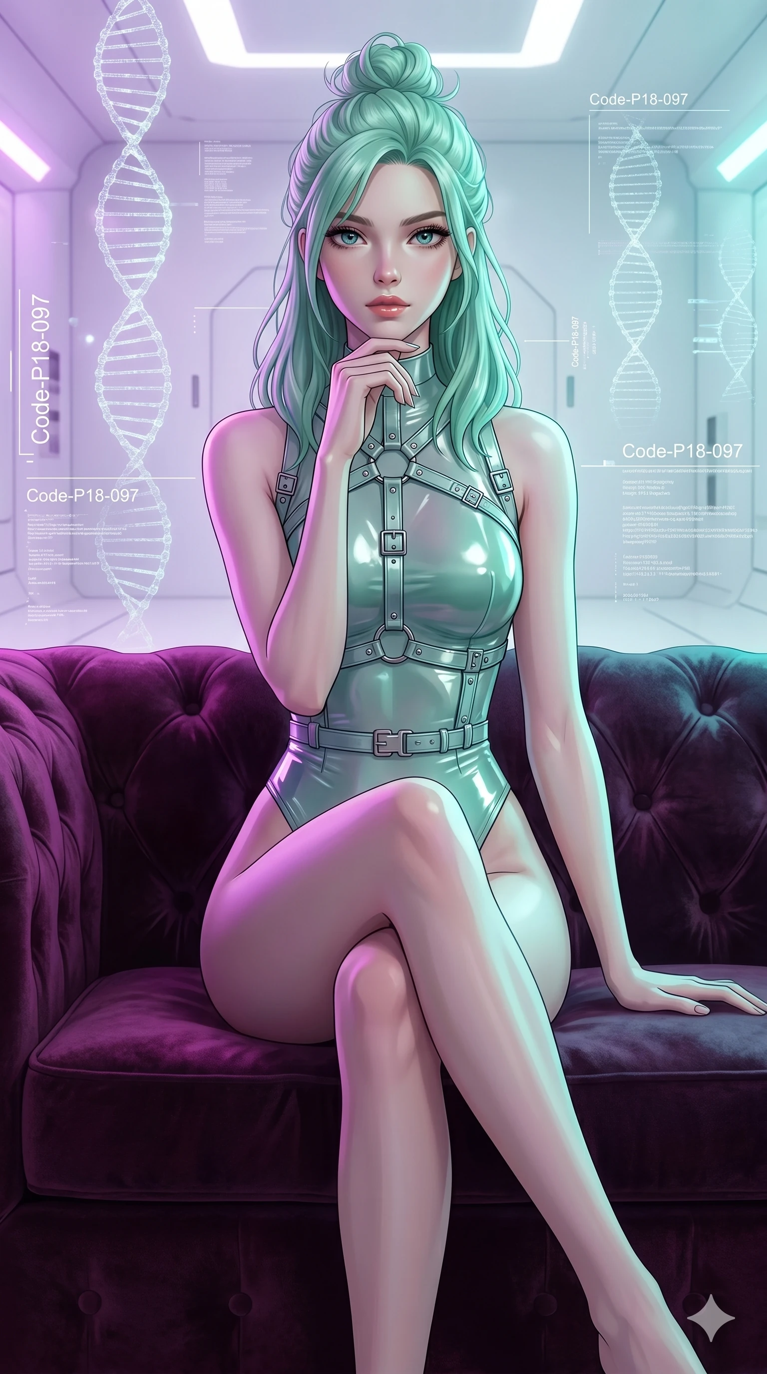 score_9, masterpiece, best quality, ultra-detailed, high-budget anime keyframe, editorial fashion photography, tasteful artistic composition, Japanese woman. cowboy shot from the thighs up, character and outfit filling the frame for maximum editorial presence. sitting on a velvet sofa, resting her chin on her fingers, looking directly into the lens in a pristine white laboratory with floating holographic DNA helix lines (Code-P18-097). She has an absolutely perfect 8-heads proportion, an exceptionally tall and slender female figure with impossibly long slender legs and an ultra-slim waist. V-shaped jawline, high-bridge nose, intricate jewel-like eyes with depth, thick eyelashes, glossy lips with a natural sheen. wearing a wet-look bodysuit with high-cut lines and an elegant harness. soft purple and cyan light from the floating organisms, casting a magical aura on her. 2k, ultra detail, master piece, 9:16 ratio