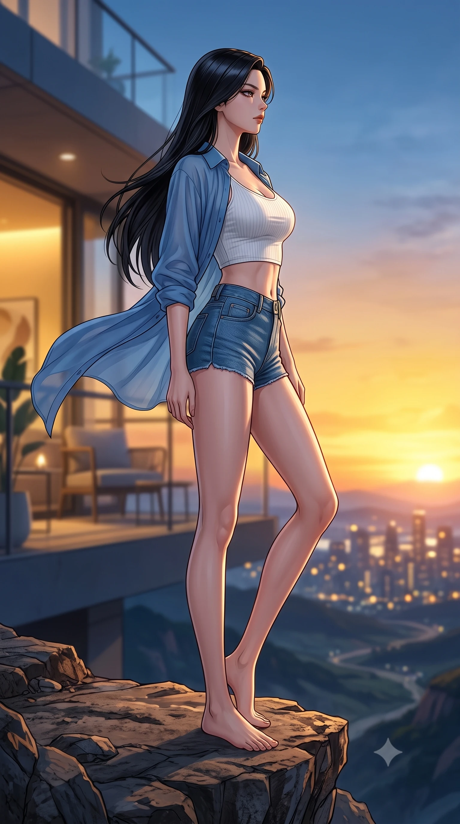 score_9, masterpiece, best quality, ultra-detailed, high-budget anime keyframe, editorial fashion photography, tasteful artistic composition, Korean woman woman. low angle full-body shot from head to toe showing her feet, filling the entire 9:16 vertical frame with her statuesque presence, stretching her vertical silhouette. standing proud on a scenic cliff overlooking the valley, her silhouette framed by the golden sky the background shows a soft-focus a modern apartment balcony overlooking a distant glittering city skyline at dusk. She has an absolutely perfect, statuesque 8.5-heads proportion, an exceptionally tall and slender model-like female figure with impossibly long slender legs and an ultra-slim waist. sharp v-shaped jawline, high-bridge nose, intricate jewel-like eyes with depth, thick eyelashes, glossy lips with a natural sheen. wearing a slim-fit lightweight chiffon cover-up shirt worn open over a crop top and high-cut shorts. the cool blue twilight sky contrasting with the warm golden lights of the room inside. 2k, ultra detail, master piece, 9:16 ratio