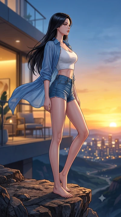 score_9, masterpiece, best quality, ultra-detailed, high-budget anime keyframe, editorial fashion photography, tasteful artistic composition, Korean woman woman. low angle full-body shot from head to toe showing her feet, filling the entire 9:16 vert