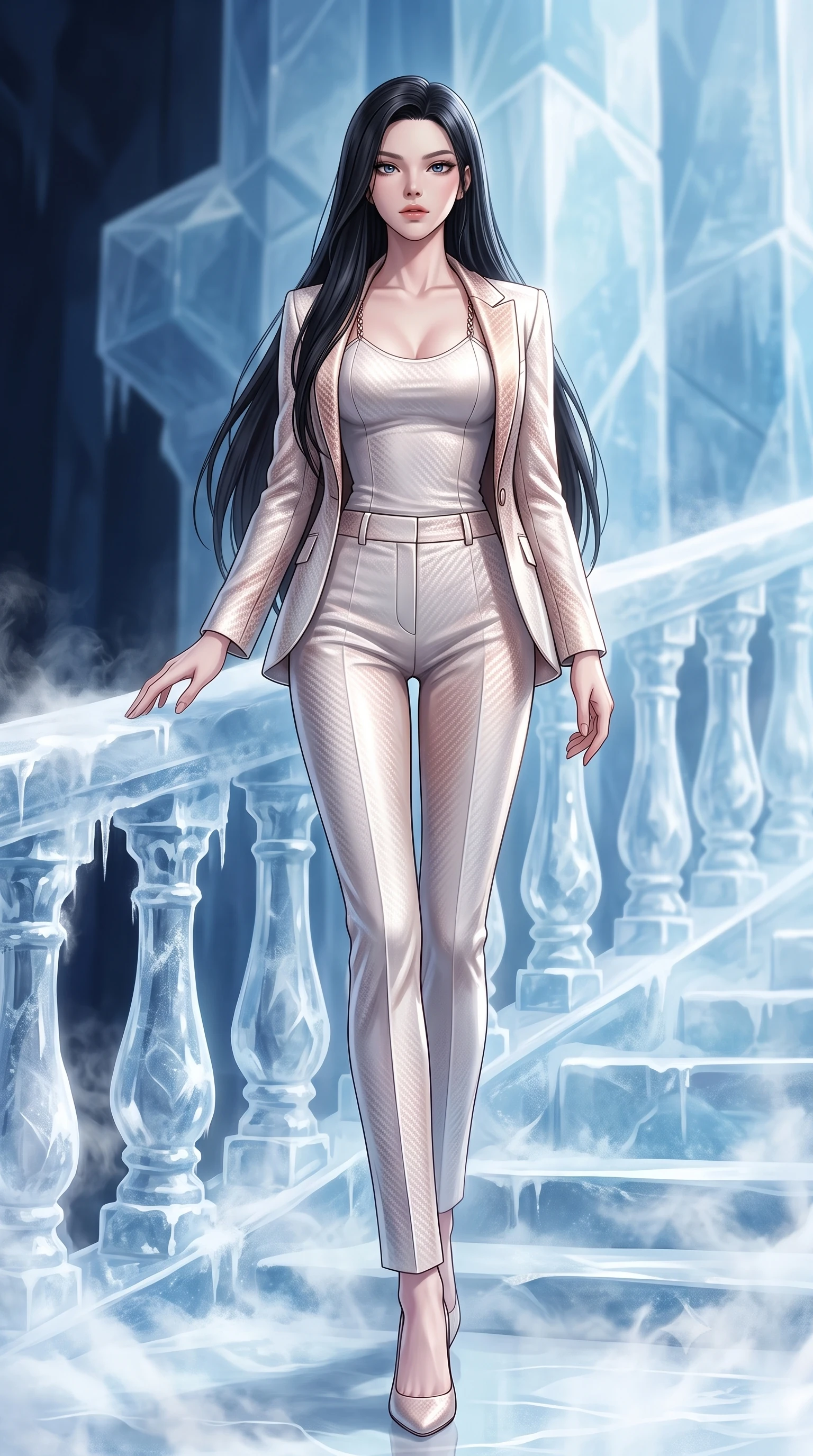 score_9, masterpiece, best quality, ultra-detailed, high-budget anime keyframe, editorial fashion photography, tasteful artistic composition, Korean woman. low angle full-body shot from head to toe showing her feet, filling the entire 9:16 vertical frame with her statuesque presence, stretching her vertical silhouette. stepping forward in a proud dynamic stride, her vertical silhouette filling the frame with statuesque presence while resting her fingers gracefully near a carved ice balustrade as frosty mist drifts nearby, sub-zero mist swirling gently around her long slender legs and athletic build. She has an absolutely perfect, statuesque 8.5-heads proportion, an exceptionally tall and slender model-like female figure with impossibly long slender legs and an ultra-slim waist. sharp v-shaped jawline, high-bridge nose, intricate jewel-like eyes with depth, thick eyelashes, glossy lips with a natural sheen, flawlessly proportioned anatomical accuracy, natural body alignment, perfectly sculpted elegant limbs, clean dynamic posture without body distortion. wearing a tailored silk blazer over a form-contouring scoop-neck top and slacks in pearl white and rose gold, made of fine carbon-fiber weave and soft matte leather, adorned with delicate metallic chain straps along the neckline, the tailored fabric tightly following every curve of her athletic build. surrounded by a high-contrast icy luminescence and deep velvet shadows. highly saturated vibrant anime colors, detailed shading with soft gradients, rich glossy textures, high-contrast stereoscopic depth, volumetric dynamic lighting, master piece, 9:16 ratio