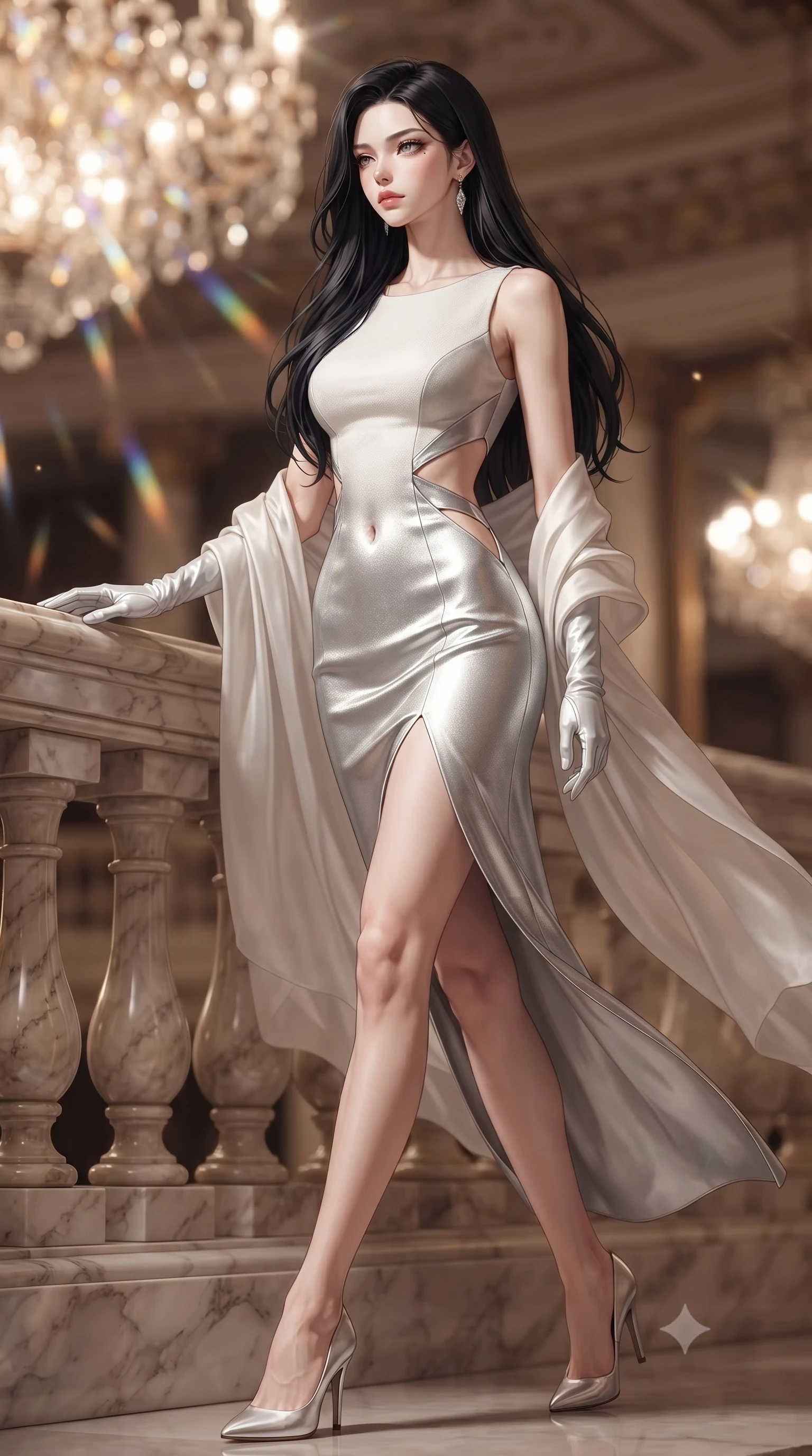 score_9, masterpiece, best quality, ultra-detailed, high-budget anime keyframe, editorial fashion photography, tasteful artistic composition, Korean woman. low angle full-body shot from head to toe showing her feet, filling the entire 9:16 vertical frame with her statuesque presence, stretching her vertical silhouette. stepping forward gracefully in mid-motion, displaying her toned flat midriff and flawlessly sculpted slender limbs while resting one gloved hand on the polished marble railing with majestic high-society poise. The composition keeps background elements in soft focus with creamy bokeh. shimmering chandelier prism refractions scattering warm champagne light motes across the royal theater. She has an absolutely perfect, statuesque 8.5-heads proportion, an exceptionally tall and slender model-like female figure with impossibly long slender legs, a toned flat midriff, and an ultra-slim waist. sharp v-shaped jawline, high-bridge nose, intricate jewel-like eyes with depth, thick eyelashes, glossy lips with a natural sheen, captivating and magnetic expression, flawlessly proportioned anatomical accuracy, strict slender model proportions, natural body alignment, perfectly sculpted long slender limbs, ultra-slim waistline, clean dynamic posture without body distortion. wearing a sculpted metallic lamé evening dress with delicate side-waist diamond cutouts in pristine arctic white and metallic silver, made of structured fine wool crepe and liquid silk satin, finished with a gossamer silk shawl draped loosely over her elbows, the liquid-tight tailored fabric emphasizing every curve of her tall, slender model proportions and sculptured silhouette during dynamic movement. illuminated by crisp directional key light defining her razor-sharp jawline and ultra-slim waist. ultra-reflective glossy finish, specular highlights, rich textural contrasts, high-contrast stereoscopic depth, volumetric dynamic lighting, 2k, ultra detail, master piece, 9:16 ratio