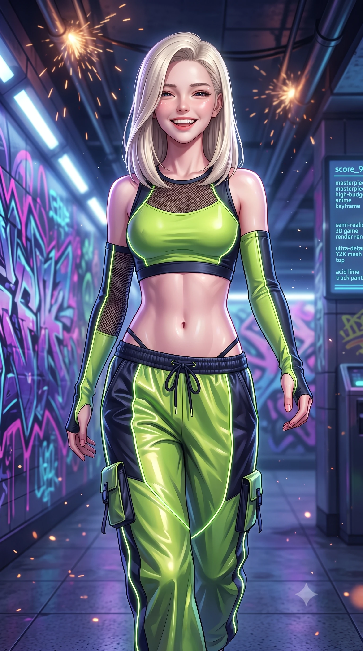 score_9, masterpiece, best quality, ultra-detailed, high-budget anime keyframe, semi-realistic 3D game render, editorial fashion photography, tasteful artistic composition, Caucasian woman. close-up cowboy shot from the waist and thighs up, the character dominates the composition, filling the frame with her large presence. laughing softly with genuine, enchanting warmth, eyes crinkling sweetly as specular highlights illuminate her cheeks while posing dynamically in a futuristic subway station corridor covered in glowing ultraviolet cyber-graffiti murals. The composition keeps background elements in soft focus with creamy bokeh. sparks from overhead power rails and floating dust particles catching neon light motes. She has an exceptionally elegant, slender, and willowy female figure with an ultra-slim waist, a gracefully sculpted slender torso, toned flat midriff, and a refined slim silhouette. sharp v-shaped jawline, high-bridge nose, intricate jewel-like eyes with depth, thick eyelashes, glossy lips with a natural sheen, captivating and magnetic expression, flawlessly proportioned anatomical accuracy, strict slender model proportions, natural body alignment, perfectly sculpted long slender limbs, ultra-slim waistline, clean dynamic posture without body distortion. wearing a sporty Y2K mesh-paneled crop top with asymmetrical sleeve warmers and low-slung metallic track pants in acid lime green and dark obsidian, made of breathable technical athletic mesh and liquid-finish track nylon, finished with glowing fiber-optic seam piping and miniature utility pouches, the breezy yet form-flattering drape swaying gracefully with her steps, accentuating her long willowy limbs and slim waistline. illuminated by crisp specular highlights defining her toned flat midriff and athletic curves. highly saturated vibrant anime colors, detailed shading with soft gradients, rich glossy textures, high-contrast stereoscopic depth, volumetric dynamic lighting, master piece, 9:16 ratio