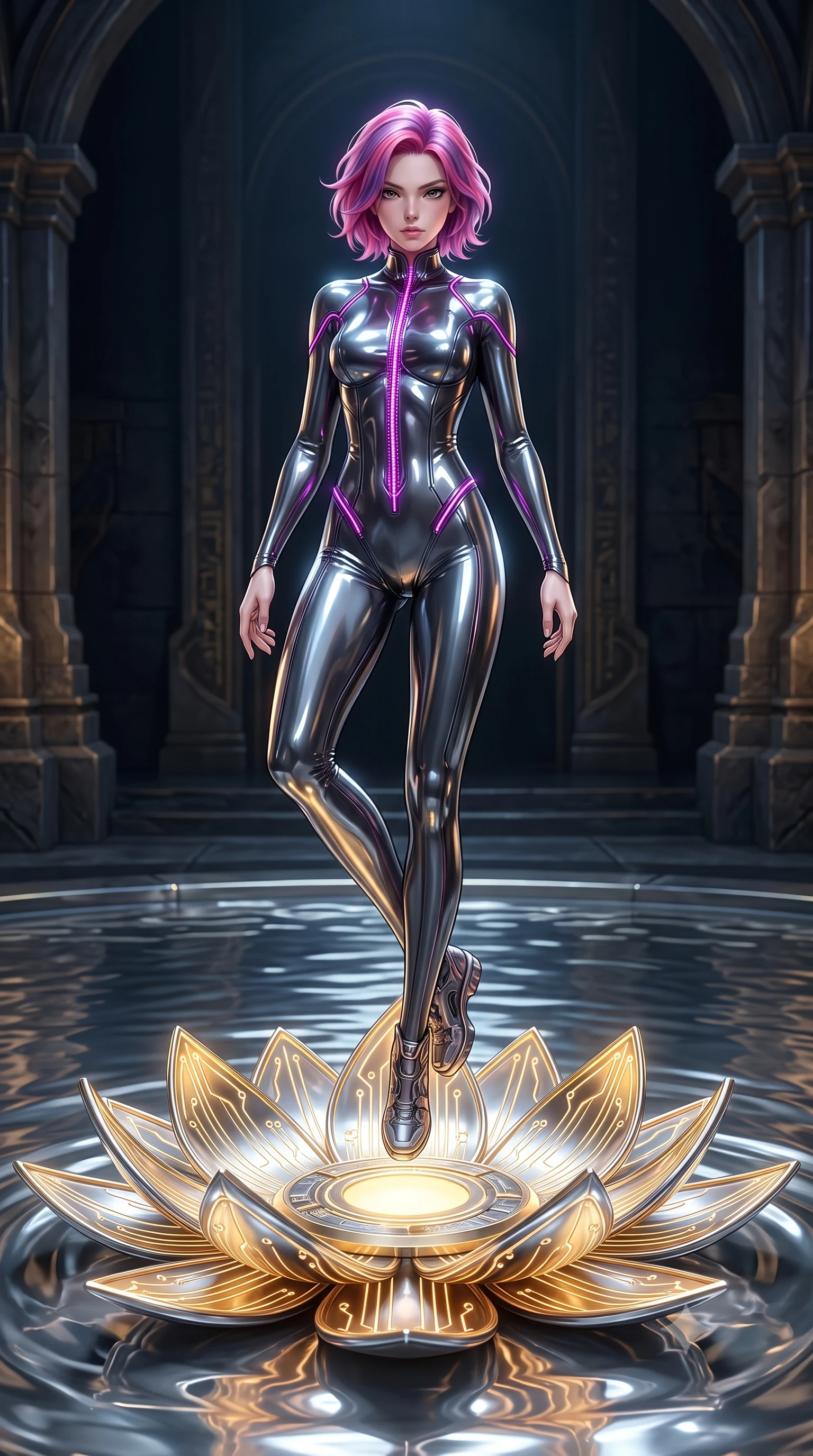 score_9, masterpiece, best quality, ultra-detailed, high-budget anime keyframe, editorial fashion photography, tasteful artistic composition, Caucasian woman. low angle full-body shot from head to toe showing her feet, filling the entire 9:16 vertical frame with her statuesque presence, stretching her vertical silhouette. performing an alluring mid-air vault with flawless poise, looking directly into the camera with regal, divine intensity while standing with sovereign poise atop a gigantic glowing gold and chrome circuit lotus floating in a pool of liquid mercury. The surrounding environment is rendered in vivid detail and crisp panoramic clarity. deep environmental chiaroscuro and sacred technological sanctuary architecture rendered with precision. She has an absolutely perfect, statuesque 8.5-heads proportion, an exceptionally tall and slender model-like female figure with impossibly long slender legs, a toned flat midriff, and an ultra-slim waist. sharp v-shaped jawline, high-bridge nose, intricate jewel-like eyes with depth, thick eyelashes, glossy lips with a natural sheen, flawlessly proportioned anatomical accuracy, strict slender model proportions, natural body alignment, perfectly sculpted long slender limbs, ultra-slim waistline, clean dynamic posture without body distortion. wearing an ultra-sleek aerodynamic tech-jumpsuit sculpted tightly to her figure, accented with glowing fiber-optic spine lines in vibrant electric magenta and ultra-reflective dark titanium, formed from high-gloss patent material with specular chiaroscuro reflections, accented with glowing fiber-optic seams tracing her collarbones and hip curves, the liquid-tight tailored fabric emphasizing every curve of her tall, slender model proportions and sculptured silhouette during dynamic movement. surrounded by an opulent, mystical, and sacredly sensual android goddess ambiance. ultra-reflective glossy finish, specular highlights, dark metallic sheen, high-contrast stereoscopic depth, volumetric dynamic lighting, 2k, ultra detail, master piece, 9:16 ratio