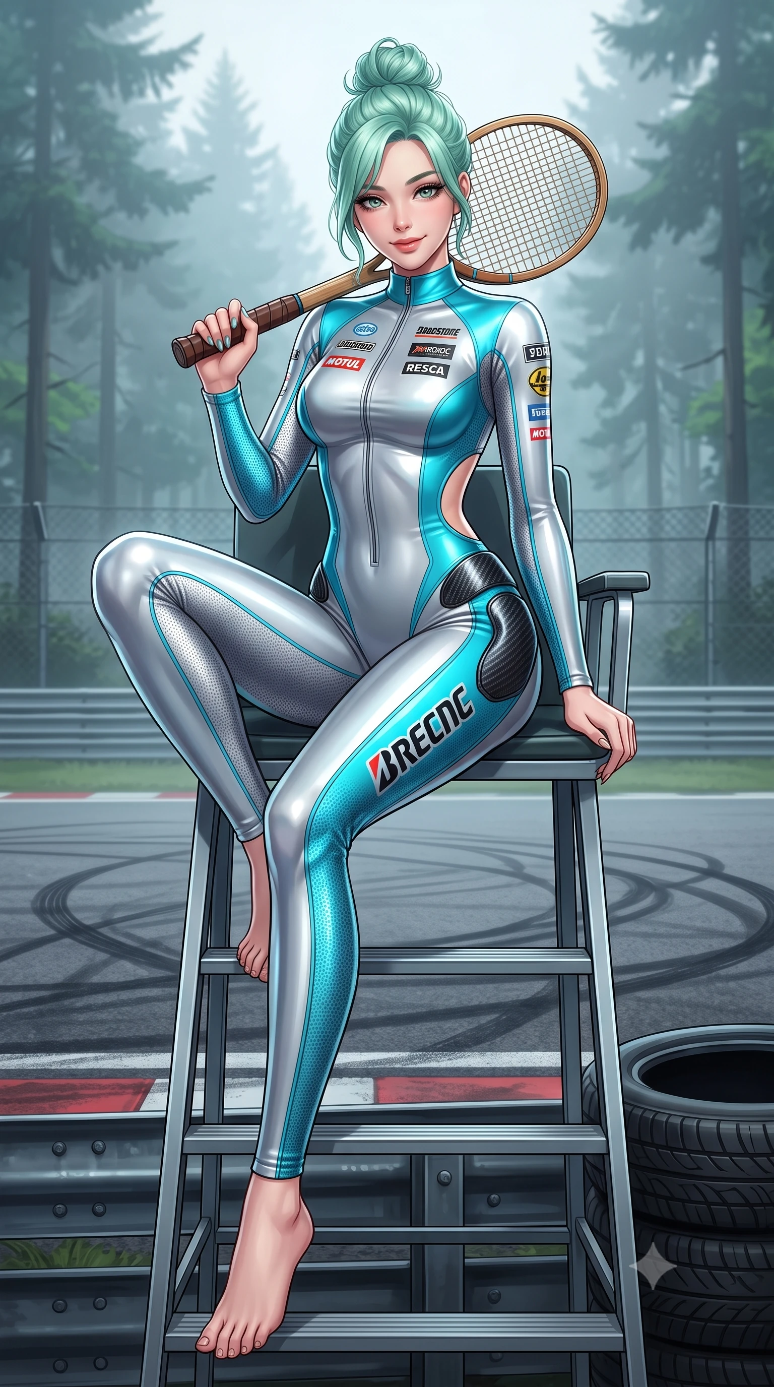 score_9, masterpiece, best quality, ultra-detailed, high-budget anime keyframe, semi-realistic 3D game render, editorial fashion photography, tasteful artistic composition, Japanese woman. low angle full-body shot from head to toe showing her feet, filling the entire 9:16 vertical frame with her statuesque presence, stretching her vertical silhouette. sitting perched on the elevated umpire chair with legs crossed and hips angled toward the camera, displaying her toned midriff and long slender limbs with joyful, coquettish charm while lounging in a heated team hospitality booth with one knee drawn up, her sleek racing outfit commanding the misty Belgian forest circuit. The surrounding environment is rendered in vivid detail and crisp panoramic clarity: sharp rubber skid mark patterns on tarmac, tire stack texture, and steel safety barrier rivets in deep focus. She has an absolutely perfect, statuesque 8.5-heads proportion, an exceptionally tall and slender model-like female figure with impossibly long slender legs, an ultra-slim waist, a flat toned midriff, narrow delicate ribcage, and beautifully sculpted feminine hips creating a graceful, slim hourglass silhouette without any bulky heaviness. sharp v-shaped jawline, high-bridge nose, sparkling eyes with athletic focus and depth, thick curled eyelashes, glossy parted lips with a natural coral-peach sheen, bright confident and coquettish smile with alluring bedroom-eyes, exuding both youthful sporty vigor and sovereign high-society glamour, flawlessly proportioned anatomical accuracy, strict slender model proportions, natural body alignment, perfectly sculpted long slender limbs, ultra-slim waistline, clean dynamic posture without body distortion. wearing a second-skin compression stretch racing catsuit with racing team sponsor graphics and sculpted carbon hip guards in metallic liquid silver and electric cyan, woven from semi-opaque performance athletic mesh with hexagonal micro-perforations, featuring a vintage wooden tennis racket held casually over one shoulder, the precision-cut side openings and low-back scoop framing her graceful spine and the sensual sweep of her slim, athletic hips. illuminated by track reflections and sharp crystalline rim lights carving her razor-sharp jawline, narrow waist, and curvy hips. highly saturated vibrant anime colors, detailed shading with soft gradients, rich glossy textures, high-contrast stereoscopic depth, volumetric dynamic lighting, master piece, 9:16 ratio