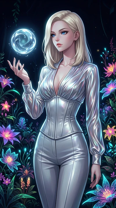 score_9, masterpiece, best quality, ultra-detailed, High-budget Anime Keyframe, Caucasian woman, strictly human ears. Low angle cowboy shot filling the entire 9:16 frame with her statuesque presence. Scenario 475: reaching out to catch a floating sph