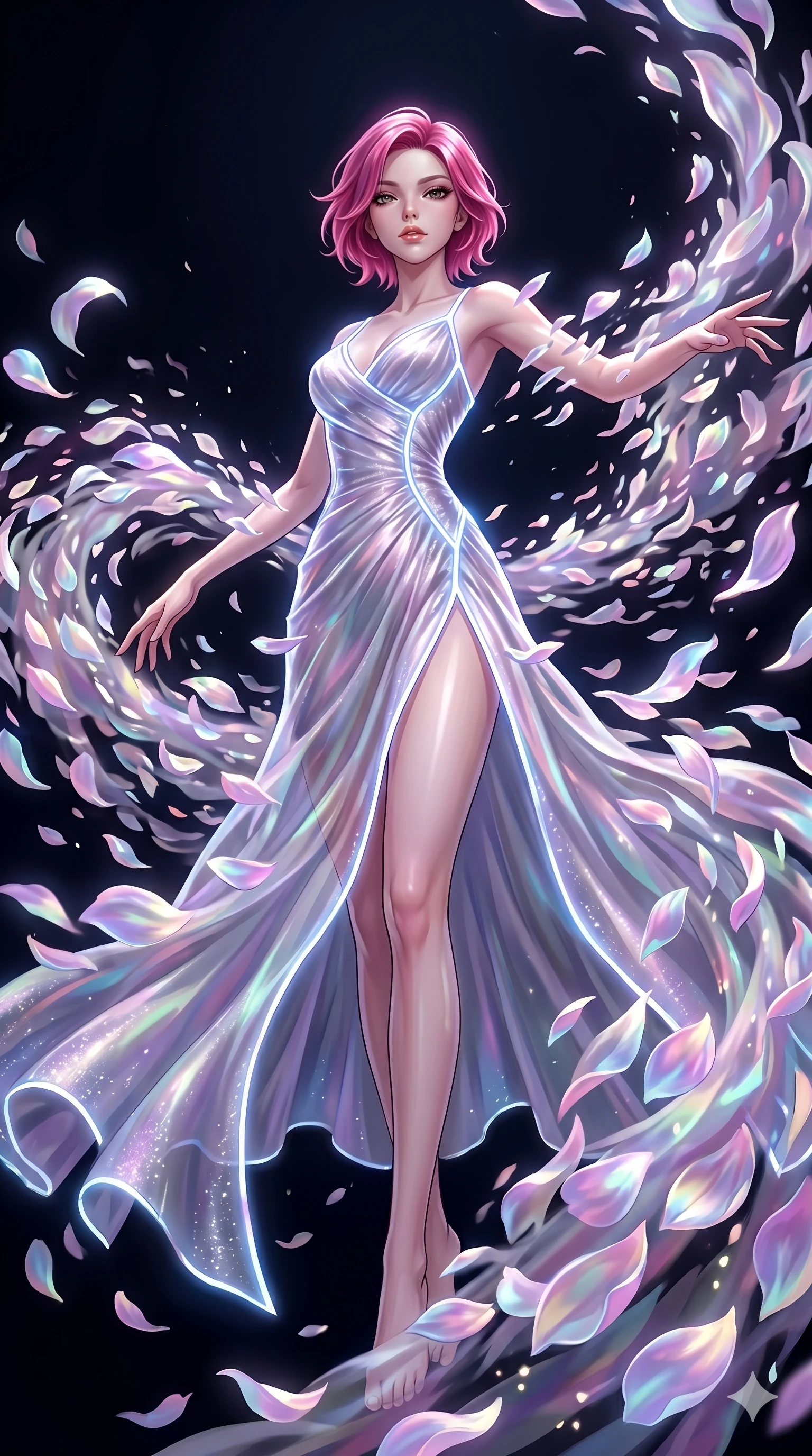 score_9, masterpiece, best quality, ultra-detailed, High-budget Anime Keyframe, East Asian woman. Low angle cowboy shot filling the entire 9:16 frame with her statuesque presence. Scenario 191: Dissolving into a cloud of iridescent silk petals in a void. Her presence is magnetic and overpowering in this high-budget anime scene. Outfit 191: A shimmering chiffon dangerous with a thigh-high slit and glowing LED seams. The clothing is designed to emphasize her exceptionally tall and slender 8-heads proportion. 8-heads proportion, towering silhouette, ultra-slim waist. sharp v-shaped jawline, intricate jewel-like eyes with depth, thick eyelashes, glossy lips. 2k, ultra detail, master piece, 9:16 ratio