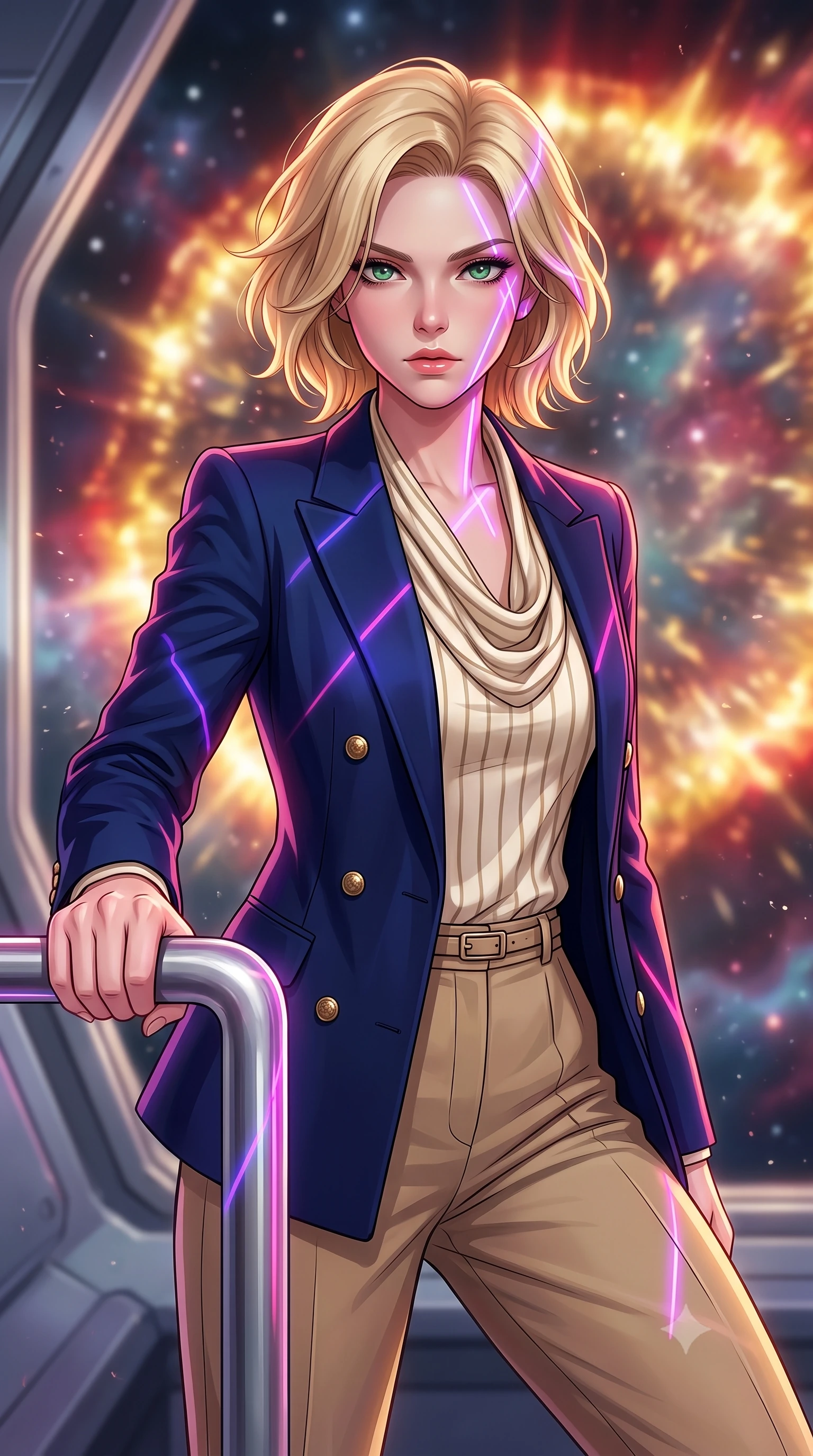 score_9, masterpiece, best quality, ultra-detailed, high-budget anime keyframe, editorial fashion photography, tasteful artistic composition, Caucasian woman, strictly human ears. close-up cowboy shot from the waist and thighs up, the character dominates the composition, filling the frame with her large presence, background elements kept in soft focus. Bracing against the hull decompression wind, her expression resolute and hand gripping a metal safety rail. set against a soft-focus background of the expanding shell of a supernova, a wall of gold and red energy rushing forward in slow motion. She has an exceptionally elegant and slender, willowy female figure with an ultra-slim waist, a gracefully sculpted slender torso, and a refined slim physique. sharp v-shaped jawline, high-bridge nose, intricate jewel-like eyes with depth, thick eyelashes, glossy lips with a natural sheen. wearing tailored for maximum mobility, sleek form-contouring panels that allow fluid movement, a tailored tailored navy double-breasted blazer over a cream striped silk scarf top and high-waisted khaki slacks. highly saturated vibrant anime colors, intense vivid color palette, soft 3D volumetric shading, volumetric dynamic lighting, laser lines of violet and hot pink reflecting off surfaces casting geometric neon highlights. 2k, ultra detail, master piece, 9:16 ratio