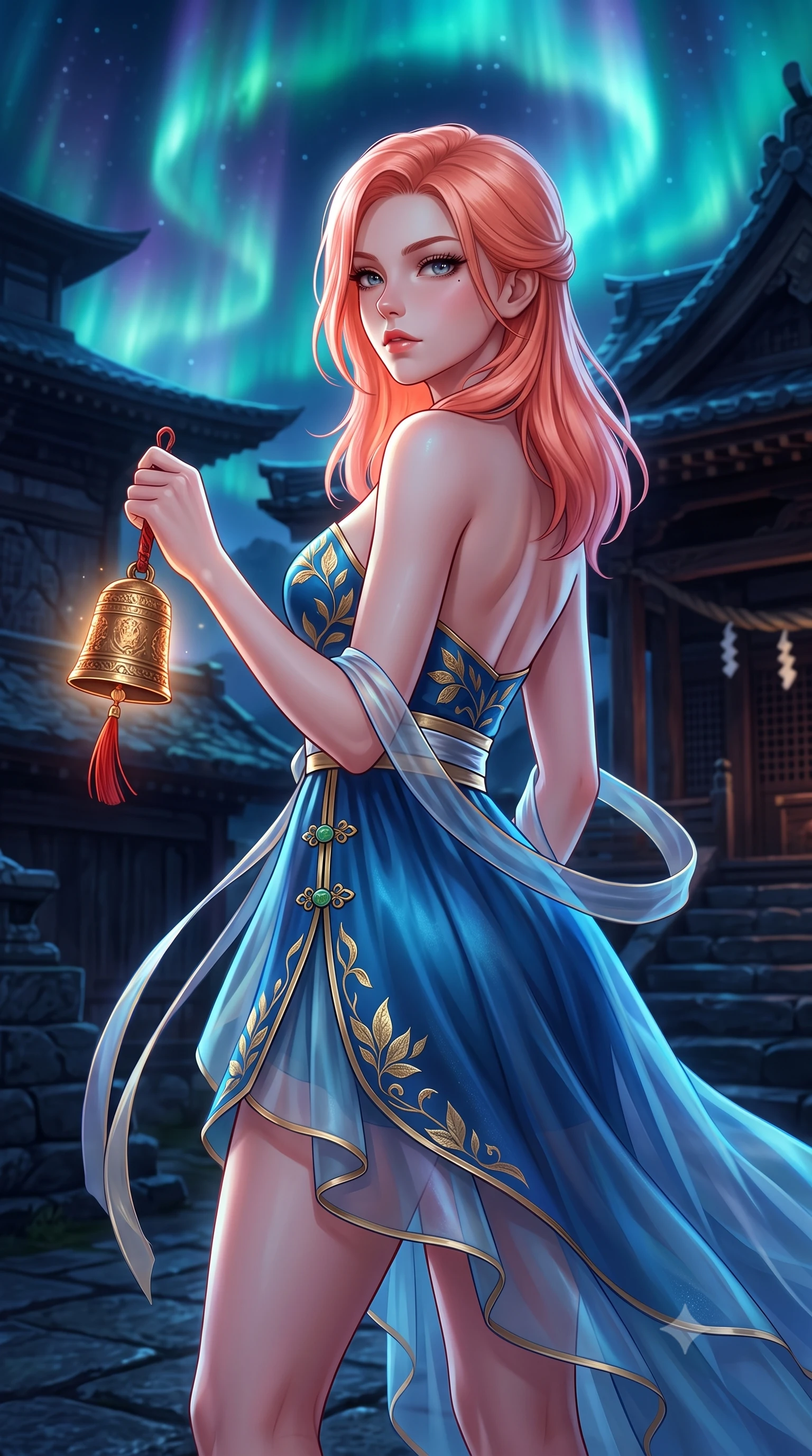score_9, masterpiece, best quality, ultra-detailed, high-budget anime keyframe, semi-realistic 3D game render, editorial fashion photography, tasteful artistic composition, Japanese woman. close-up cowboy shot from the waist and thighs up, the character dominates the composition, filling the frame with her large presence. turning over her shoulder with an indomitable, smoldering gaze, her soft hair framing her razor-sharp v-shaped jawline while holding a glowing bronze ritual bell with red tassels, looking up at the aurora-filled sky with reverent, sparkling eyes. The surrounding environment is rendered in vivid detail and crisp panoramic clarity. mystical nocturnal chiaroscuro and sacred high-altitude mountain shrine grandeur captured with sharpness. She has an exceptionally elegant, slender, and willowy female figure with an ultra-slim waist, a gracefully sculpted slender torso, toned flat midriff, and a refined slim silhouette. sharp v-shaped jawline, high-bridge nose, intricate jewel-like eyes with depth, thick eyelashes, glossy lips with a natural sheen, captivating and magnetic expression, flawlessly proportioned anatomical accuracy, strict slender model proportions, natural body alignment, perfectly sculpted long slender limbs, ultra-slim waistline, clean dynamic posture without body distortion. wearing a jade-inlaid silk bustier dress with multi-tiered translucent organza train and metallic sash in deep azure blue and gold leaf embroidery, crafted from traditional Korean gossamer silk organza with pearlescent luster, finished with genuine jade button closures and floating celestial silk ribbons, the breezy yet form-flattering drape swaying gracefully with her steps, accentuating her long willowy limbs and slim waistline. illuminated by crisp directional rim lighting accentuating her slender curves, bare spine, and flowing robes. highly saturated vibrant anime colors, detailed shading with soft gradients, rich glossy textures, high-contrast stereoscopic depth, volumetric dynamic lighting, master piece, 9:16 ratio