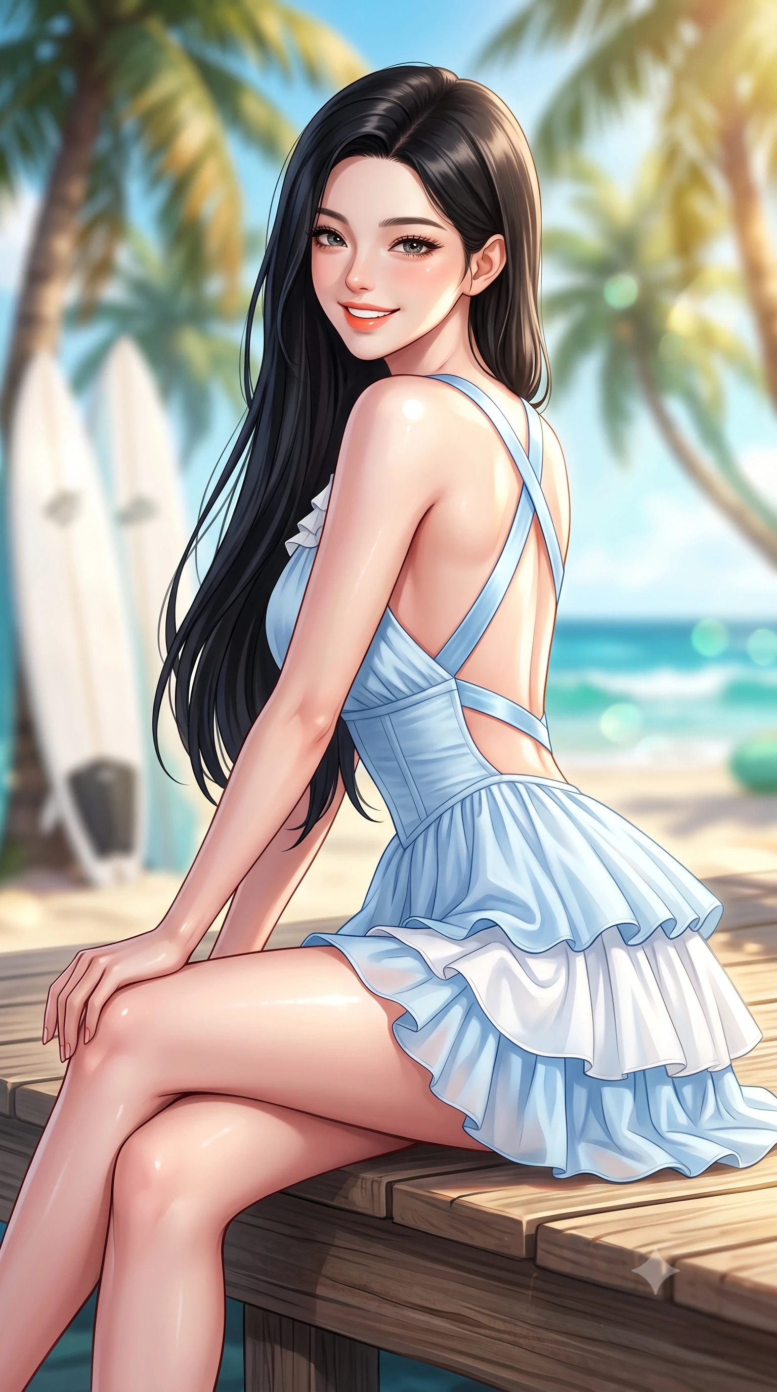 score_9, masterpiece, best quality, ultra-detailed, high-budget anime keyframe, semi-realistic 3D game render, editorial fashion photography, tasteful artistic composition, Korean woman. close-up cowboy shot from the waist and thighs up, the character dominates the composition, filling the frame with her large presence. leaning forward with playful cute grace while arching her lower back to accentuate her curvy hips, looking into the camera with a bright cheerful smile and alluring coquettish bedroom-eyes while sitting perched on the sunlit timber deck with legs crossed, her toned flat midriff and curvy hips glowing in the radiant Hawaiian sun. The composition keeps background elements in soft focus with dreamy creamy bokeh. swaying coconut palm groves, white surf shack boards, and turquoise Pacific breakers blurred into jade, cyan, and golden amber bokeh. She has an exceptionally elegant, slender, and willowy female figure with an ultra-slim waist, flat toned midriff, narrow ribcage, and sculpted feminine hips creating an alluring, slim hourglass silhouette without bulk. sharp v-shaped jawline, high-bridge nose, intricate jewel-like sparkling eyes with depth, thick eyelashes, glossy parted lips with a natural peach sheen, bright cheerful beaming smile with an enchanting and coquettish sensual glint, exuding both youthful cute charm and seductive allure, flawlessly proportioned anatomical accuracy, strict slender model proportions, natural body alignment, perfectly sculpted long slender limbs, ultra-slim waistline, clean dynamic posture without body distortion. wearing a tiered ruffled chiffon mini dress with a fitted corseted waist and open back in soft baby blue and crisp cloud white, crafted from soft cozy cashmere yarn with an airy drape, finished with criss-cross back satin straps highlighting her graceful shoulder blades, the precision-cut side openings and low-back scoop framing her graceful spine and the sensual sweep of her slim, toned hips. illuminated by warm sand specular reflections sharply carving her razor-sharp jawline, narrow waist, and curvy hips. highly saturated vibrant anime colors, detailed shading with soft gradients, rich glossy textures, high-contrast stereoscopic depth, volumetric dynamic lighting, master piece, 9:16 ratio