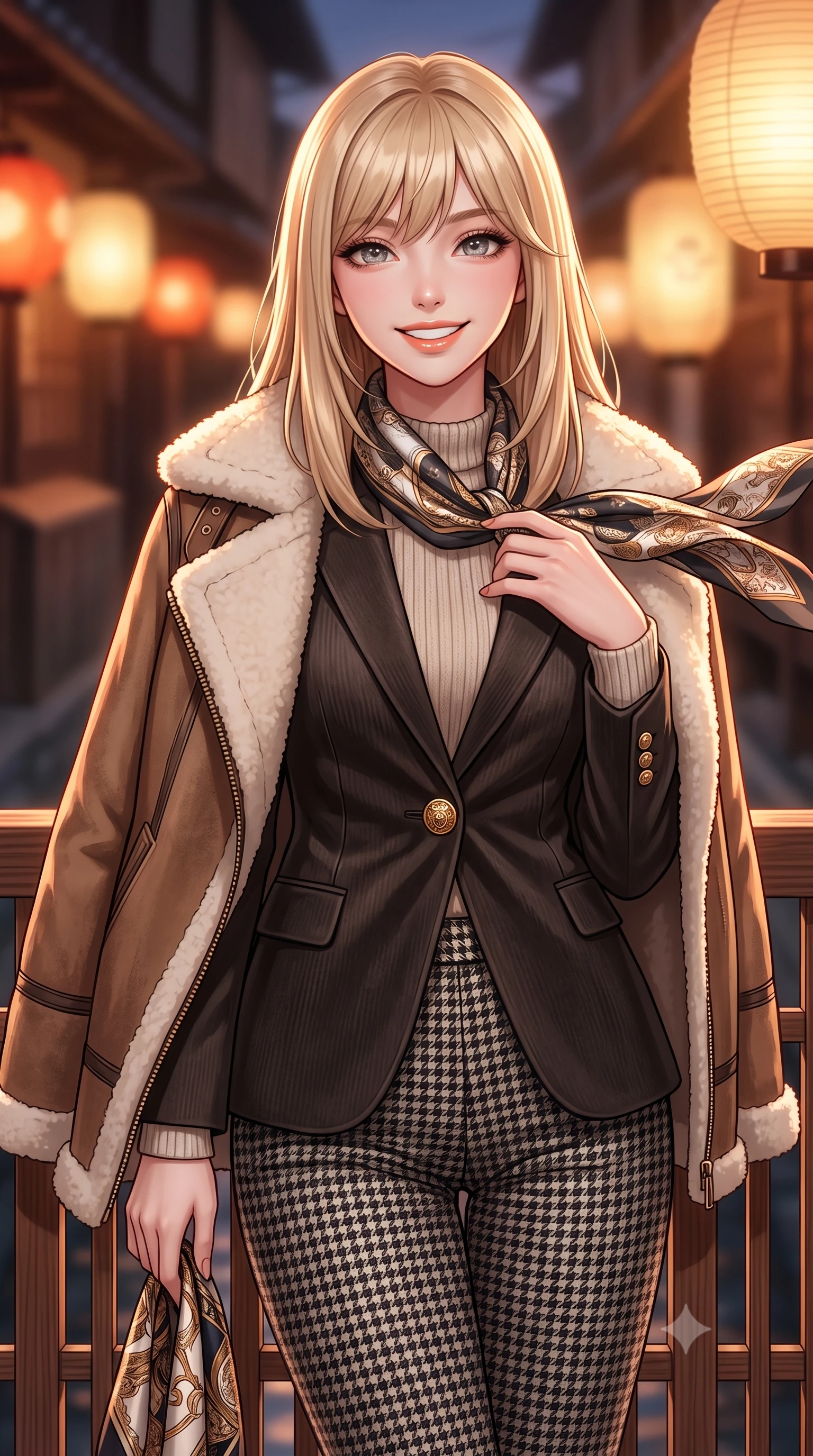 score_9, masterpiece, best quality, ultra-detailed, high-budget anime keyframe, semi-realistic 3D game render, editorial fashion photography, tasteful artistic composition, Japanese woman. close-up cowboy shot from the waist and thighs up, the character dominates the composition, filling the frame with her large presence. resting one hand gracefully on her tailored blazer lapel while looking into the camera with bright, sparkling eyes while leaning gently against the cedar lattice railing of the historic machiya balcony, one hand holding her scarf against the crisp evening breeze. The background shows a soft-focus warm paper lanterns along Gion alleyways softened in romantic Kyoto dusk shallow focus. She has an exceptionally elegant, slender, and willowy female figure with an ultra-slim waist, flat toned midriff, narrow ribcage, and sculpted feminine hips creating an alluring, slim hourglass silhouette without bulk. sharp v-shaped jawline, high-bridge nose, intricate jewel-like sparkling eyes with depth, thick eyelashes, glossy parted lips with a natural peach sheen, bright cheerful beaming smile with an enchanting and coquettish sensual glint, exuding both youthful cute charm and seductive allure, flawlessly proportioned anatomical accuracy, strict slender model proportions, natural body alignment, perfectly sculpted long slender limbs, ultra-slim waistline, clean dynamic posture without body distortion. wearing a plush shearling-trimmed suede aviator coat layered over a cozy ribbed merino knit sweater and tailored corduroy pants in classic Savile Row charcoal houndstooth and crisp ivory, crafted from rich cotton velvet with deep light-absorbing pile and soft gradients, accented with an ornate 24k gold lion-embossed crest button along the front closure, the expertly draped wool fabric falling in crisp fluid lines along her tall 8.5-heads silhouette, celebrating her slender frame without excess fabric bulk. illuminated by river water specular reflection bounce and sharp copper-rose rim lights sculpting her jawline, narrow waist, and graceful model proportions. highly saturated vibrant anime colors, detailed shading with soft gradients, rich glossy textures, high-contrast stereoscopic depth, volumetric dynamic lighting, master piece, 9:16 ratio