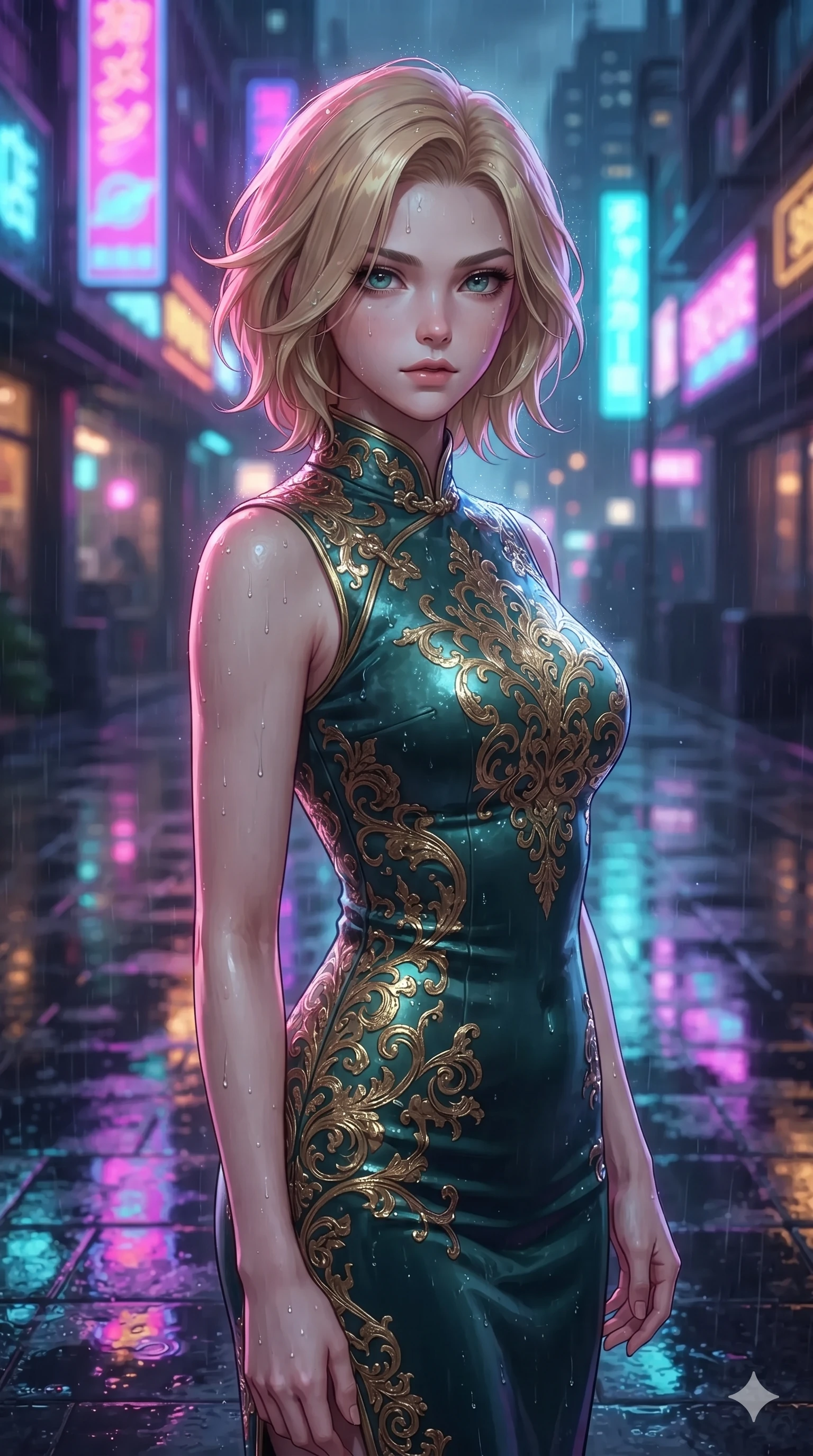 score_9, masterpiece, best quality, ultra-detailed, high-budget anime keyframe, editorial fashion photography, tasteful artistic composition, Caucasian woman. close-up cowboy shot from the waist and thighs up, the character dominates the composition, filling the frame with her large presence. posing in an alluring rear three-quarter angle, looking over a bare shoulder with parted glossy lips, her hips cocked back to highlight her slim hourglass curve while crouching gracefully on the rain-slicked esplanade deck, glancing back with smoldering bedroom-eyes as neon reflections wash over her dress. The surrounding environment is rendered in vivid detail and crisp panoramic clarity: sharp water puddle reflection ripples on black granite tiles, crisp raindrop speculars on stone, and neon tube glass details in deep focus. She has an exceptionally elegant, slender, and willowy female figure with an ultra-slim waist, flat toned midriff, narrow ribcage, and sculpted feminine hips creating an alluring, slim hourglass silhouette without bulk. sharp v-shaped jawline, high-bridge nose, intricate jewel-like sparkling eyes with depth, thick eyelashes, glossy parted lips with a natural sheen, intensely captivating and seductive bedroom-eyes expression, exuding both youthful cute charm and sovereign luxury allure, flawlessly proportioned anatomical accuracy, strict slender model proportions, natural body alignment, perfectly sculpted long slender limbs, ultra-slim waistline, clean dynamic posture without body distortion. wearing a tailored liquid velvet bodycon dress with metallic fiber pinstripes following her statuesque 8.5-heads silhouette in celadon jade and antique gold-leaf, made of fluid liquid jersey with seamless sculpting hold and smooth contours, complemented by sheer opera-length evening gloves tracing her slender arms, the impeccably tailored cut draping gracefully along her slender figure with aristocratic poise. bathed in the intense, high-saturation glow of multi-colored neon signage reflecting off wet surfaces. ultra-reflective glossy finish, specular highlights, rich textural contrasts, high-contrast stereoscopic depth, volumetric dynamic lighting, 2k, ultra detail, master piece, 9:16 ratio