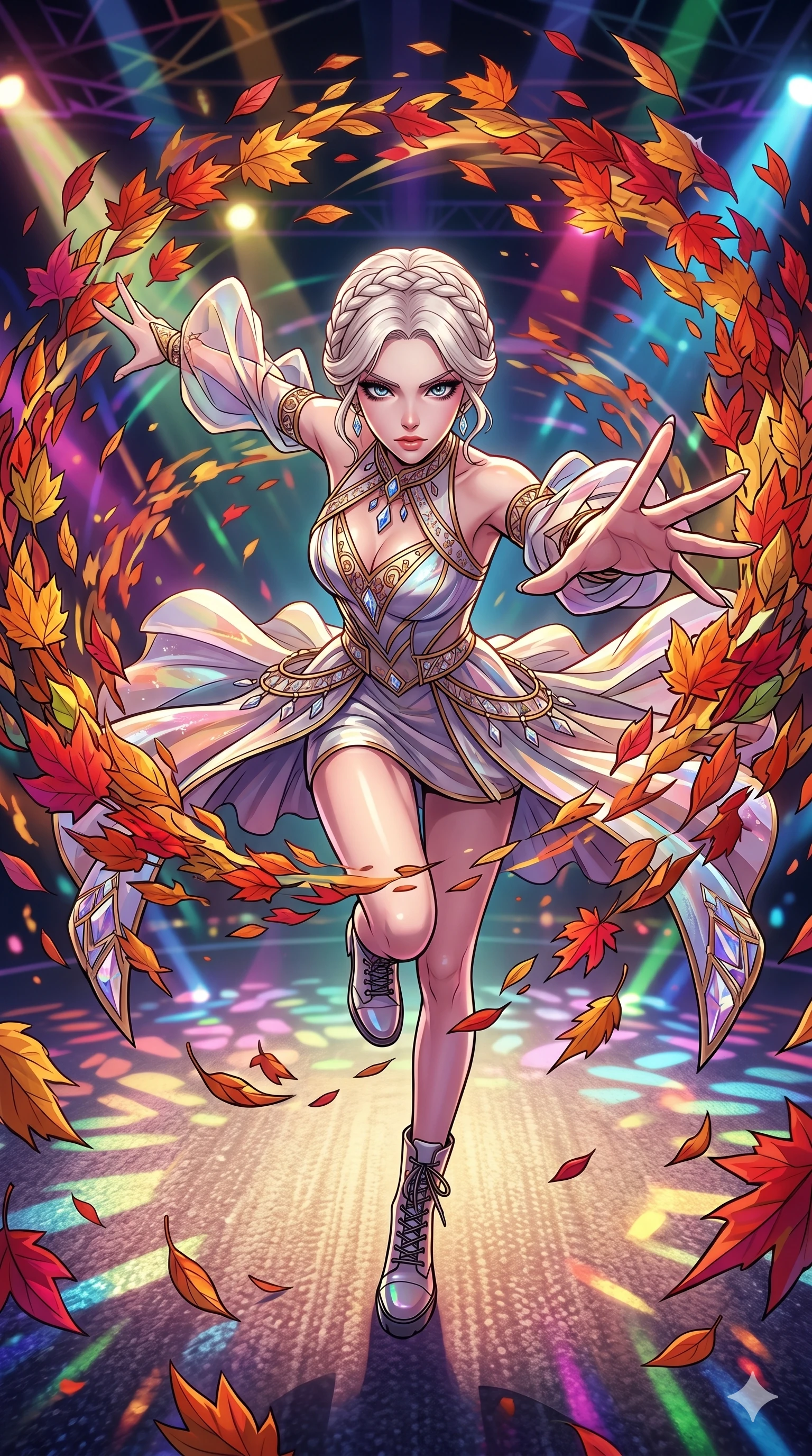 score_9, masterpiece, best quality, ultra-detailed, high-budget anime movie keyframe, cinematic anime lighting, intricate line art, Japanese woman. Extreme high angle shot as she leaps towards the camera, filling the frame. commanding a vortex of swirling autumn leaves to protect her. She has an graceful and slender female figure with elegant proportions. strictly human anatomy, two legs only, no extra limbs, clearly defined legs and arms, well-defined anatomy, perfect hands and fingers. sharp v-shaped jawline, high-bridge nose, intricate jewel-like eyes, thick eyelashes, glossy lips. Wearing K-Idol Stage: Dazzling K-Idol stage outfit with stylish layers, decorative accents, and high-fashion boots. The scene is illuminated by dramatic atmospheric lighting and vibrant color palettes. , 2k, ultra detail, master piece, 9:16 ratio