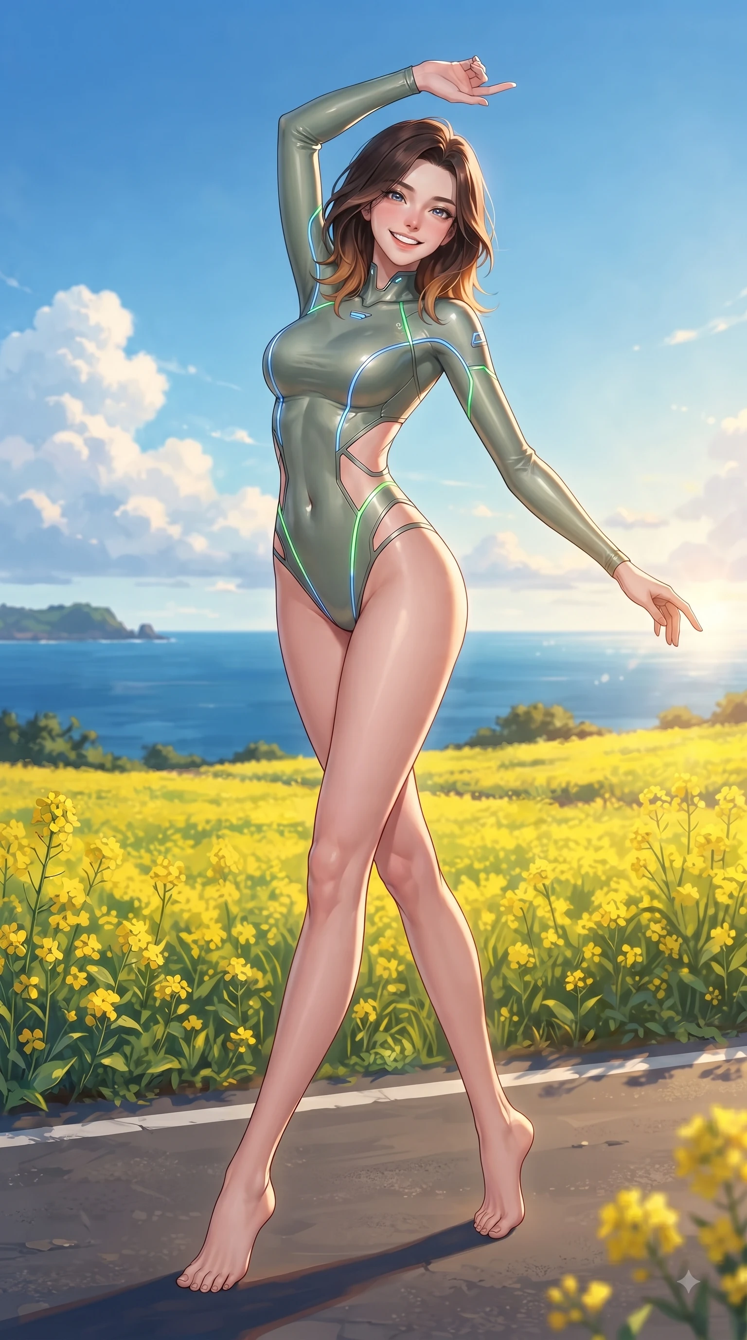 score_9, masterpiece, best quality, ultra-detailed, high-budget anime keyframe, editorial fashion photography, tasteful artistic composition, Korean woman. low angle full-body shot from head to toe showing her feet, filling the entire 9:16 vertical frame with her statuesque presence, stretching her vertical silhouette. performing a cheerful mid-air rotation with flawless poise, her radiant smile capturing fresh college girlhood energy while walking cheerfully along a Jeju island coastal road flanked by yellow canola flower fields, clear blue sky with soft white fluffy cumulus clouds adding vacation joy. She has an absolutely perfect, statuesque 8.5-heads proportion, an exceptionally tall and slender model-like female figure with impossibly long slender legs and an ultra-slim waist. sharp v-shaped jawline, high-bridge nose, intricate jewel-like eyes with depth, thick eyelashes, glossy lips with a natural sheen, flawlessly proportioned anatomical accuracy, natural body alignment, perfectly sculpted elegant limbs, clean dynamic posture without body distortion. wearing a skin-tight cybernetic bodysuit with glowing neon seams and side cutouts in sage green and oatmeal, formed from sleek second-skin neoprene, featuring subtle geometric cutouts that highlight her ultra-slim midriff, the form-contouring material highlighting her ultra-slim waist and long lines. illuminated by a glorious golden hour sunburst over deep blue island ocean waves. ultra-reflective glossy finish, specular highlights, metallic sheen, high-contrast stereoscopic depth, volumetric dynamic lighting, 2k, ultra detail, master piece, 9:16 ratio