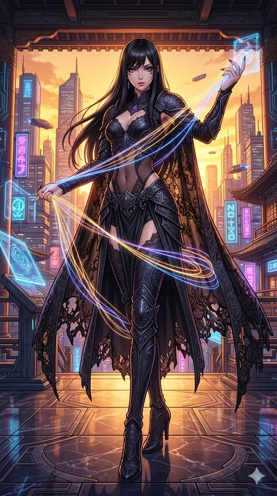 score_9, masterpiece, best quality, ultra-detailed, high-budget anime movie keyframe, cinematic anime lighting, intricate line art, Japanese woman. Low angle cowboy shot filling the entire 9:16 frame with her statuesque presence. weaving threads of l
