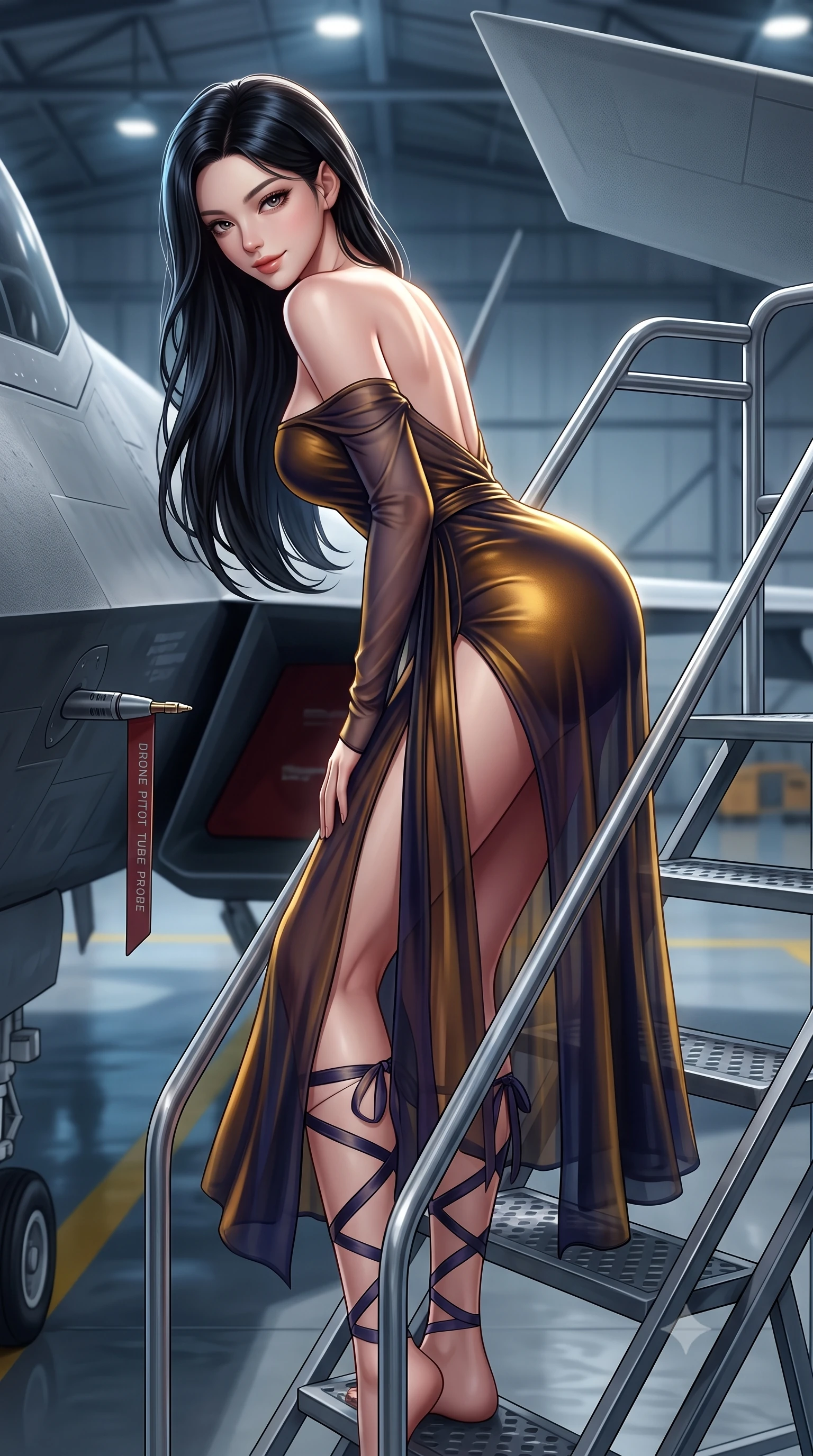 score_9, masterpiece, best quality, ultra-detailed, high-budget anime keyframe, semi-realistic 3D game render, editorial fashion photography, tasteful artistic composition, Korean woman. close-up cowboy shot from the waist and thighs up, the character dominates the composition, filling the frame with her large presence. leaning forward while arching her lower back to accentuate her curvy hips, looking into the camera with an intoxicating smoldering gaze and bedroom-eyes while standing poised on the mobile maintenance gantry stairs, looking back over a bare shoulder toward the vast hangar floor. The surrounding environment is rendered in vivid detail and crisp panoramic clarity: sharp radar-absorbent matte coating texture, drone pitot tube probe, and polished epoxy floor reflections in deep focus. She has an exceptionally elegant, slender, and willowy female figure with an ultra-slim waist, flat toned midriff, narrow ribcage, and sculpted feminine hips creating an alluring, slim hourglass silhouette without bulk. sharp v-shaped jawline, high-bridge nose, sparkling eyes with hypnotic seductive depth, thick curled eyelashes, glossy parted lips with a natural dewy peach sheen, alluring bedroom-eyes with an enchanting coquettish smile, exuding magnetic siren charisma and sophisticated glamour, flawlessly proportioned anatomical accuracy, strict slender model proportions, natural body alignment, perfectly sculpted long slender limbs, ultra-slim waistline, clean dynamic posture without body distortion. wearing a delicate sheer gossamer chiffon ballet wrap dress slipping off bare shoulders with a daring hip-high leg slit in molten liquid gold and midnight indigo, woven from buttery-soft stretch lambskin leather adhering to her body like a second skin, finished with delicate satin ballet ribbon ties criss-crossing up her slender calves to the knee, the second-skin tailored fabric adhering flawlessly to her sculpted flat midriff and slender torso, emphasizing her long leg lines and perfectly proportioned willowy build. illuminated by composite wing surface bounce and sharp white-gold rim lights defining her collarbones, narrow waist, and curvy hips. highly saturated vibrant anime colors, detailed shading with soft gradients, rich glossy textures, high-contrast stereoscopic depth, volumetric dynamic lighting, master piece, 9:16 ratio