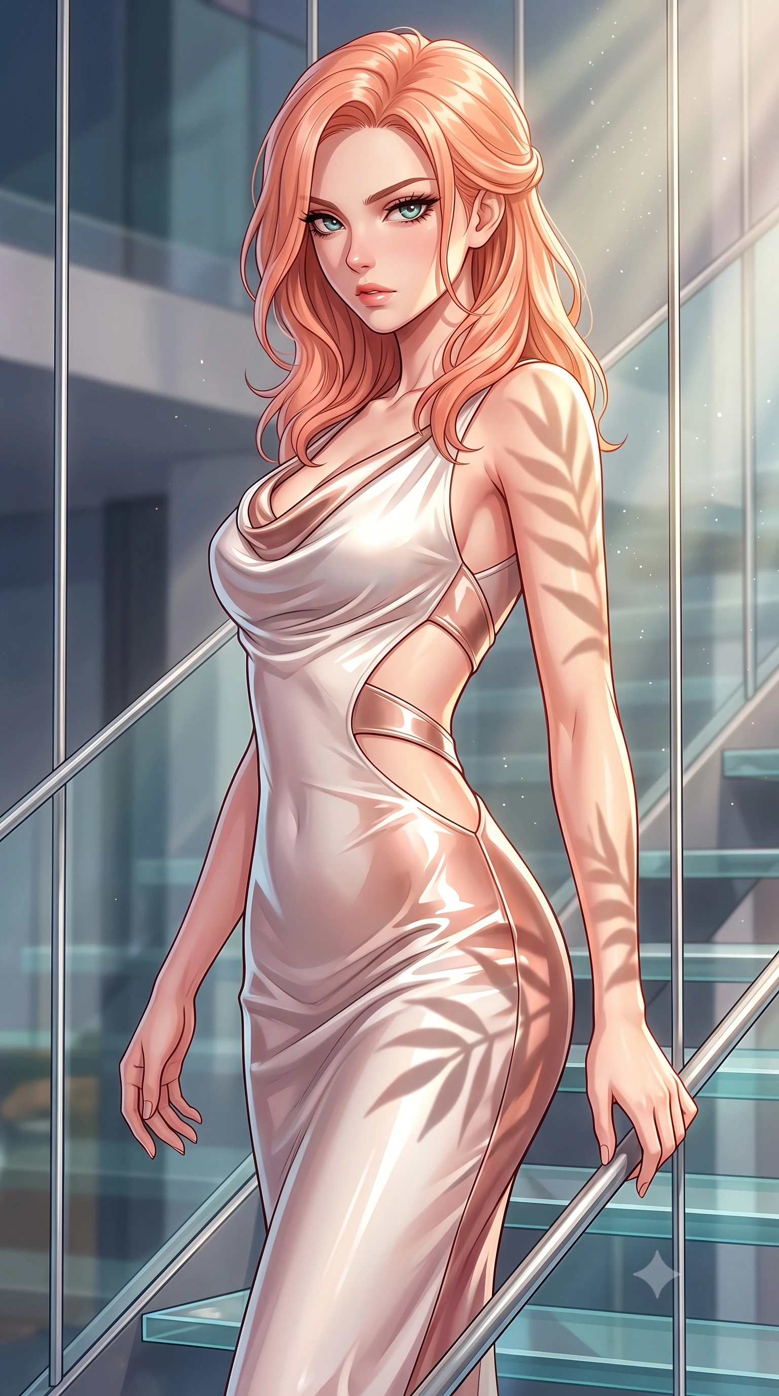 score_9, masterpiece, best quality, ultra-detailed, high-budget anime keyframe, editorial fashion photography, tasteful artistic composition, Japanese woman. close-up cowboy shot from the waist and thighs up, the character dominates the composition, filling the frame with her large presence, background elements kept in soft focus. Pivoting sharply while looking back over her shoulder with heavy lashes and a confident, intense gaze while stepping along a vertical glass staircase enveloped by tropical volumetric sunbeams, sleek platinum wire lattices creating clean architectural line frames. She has an exceptionally elegant, slender, and willowy female figure with an ultra-slim waist, a gracefully sculpted slender torso, and a refined silhouette. sharp v-shaped jawline, high-bridge nose, intricate jewel-like eyes with depth, thick eyelashes, glossy lips with a natural sheen, flawlessly proportioned anatomical accuracy, natural body alignment, perfectly sculpted elegant limbs, clean dynamic posture without body distortion. wearing an elegant cowl-neck satin midi dress with a graceful draped neckline in pearl white and rose gold, tailored from high-gloss patent leather, featuring clean architectural cutouts along her slender torso, the elegant draped fit framing her graceful clavicle and slender torso. illuminated by brilliant sunbeams casting organic leaf stencil shadows. highly saturated vibrant anime colors, detailed shading with soft gradients, rich glossy textures, high-contrast stereoscopic depth, volumetric dynamic lighting, master piece, 9:16 ratio